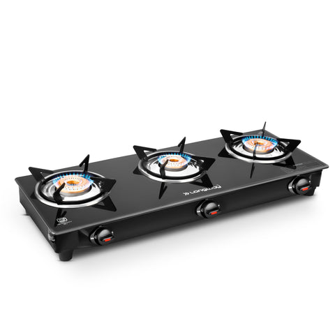 Longway Furn Glass Top, 3 Burner Manual Ignition Glass Gas Stove (Black, ISI Certified, 1 Year Warranty)