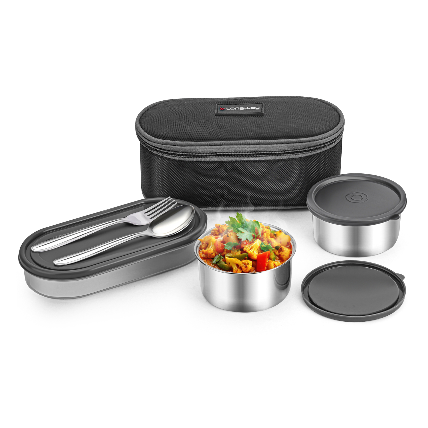 Longway Craveo Stainless Steel Lunch Box with 3 Containers | 2 Round 3