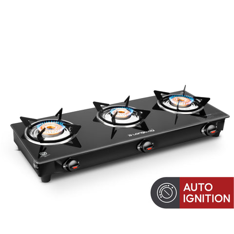 Longway Furn Glass Top, 3 Burner Auto Ignition Glass Gas Stove (Black, ISI Certified, 1 Year Warranty)