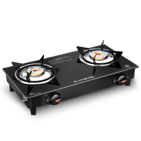Longway Furn Glass Top, 2 Burner Manual Ignition Glass Gas Stove (Black, ISI Certified, 1 Year Warranty)