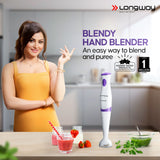 Longway Blendy Hand Blender with Stainless Steel Blades | Detachable Anti Splash Plastic Foot | Perfect for Smooth Blends (300 W, Purple)