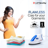Longway Grace Light Weight Non-Stick Teflon Coated Dry Iron, Electric Iron for Clothes | 1 Year Warranty| (1100 Watt, Blue)