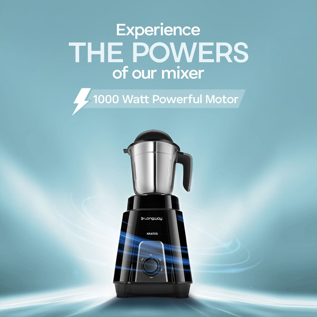 Longway Kratos 1000 Watt Juicer Mixer Grinder with 4 Jars for Grinding, Mixing, Juicing with Powerful Motor | 1 Year Warranty | (Black, 4 Jars)