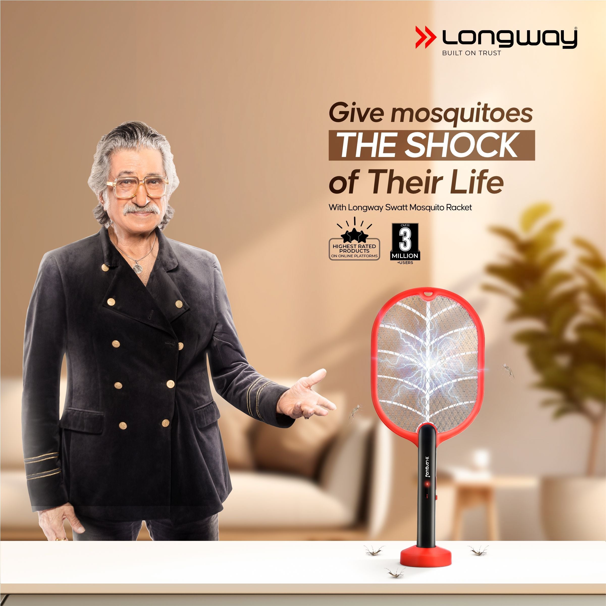 Longway Swatt Rechargeable Mosquito Racket | 3500V DC Voltage on the Net Mesh| Insect Killer Bat | 1200mAH Battery | Large Net Area for Better Coverage | Long Lasting Internal Battery | 6 Months Warranty (Black)