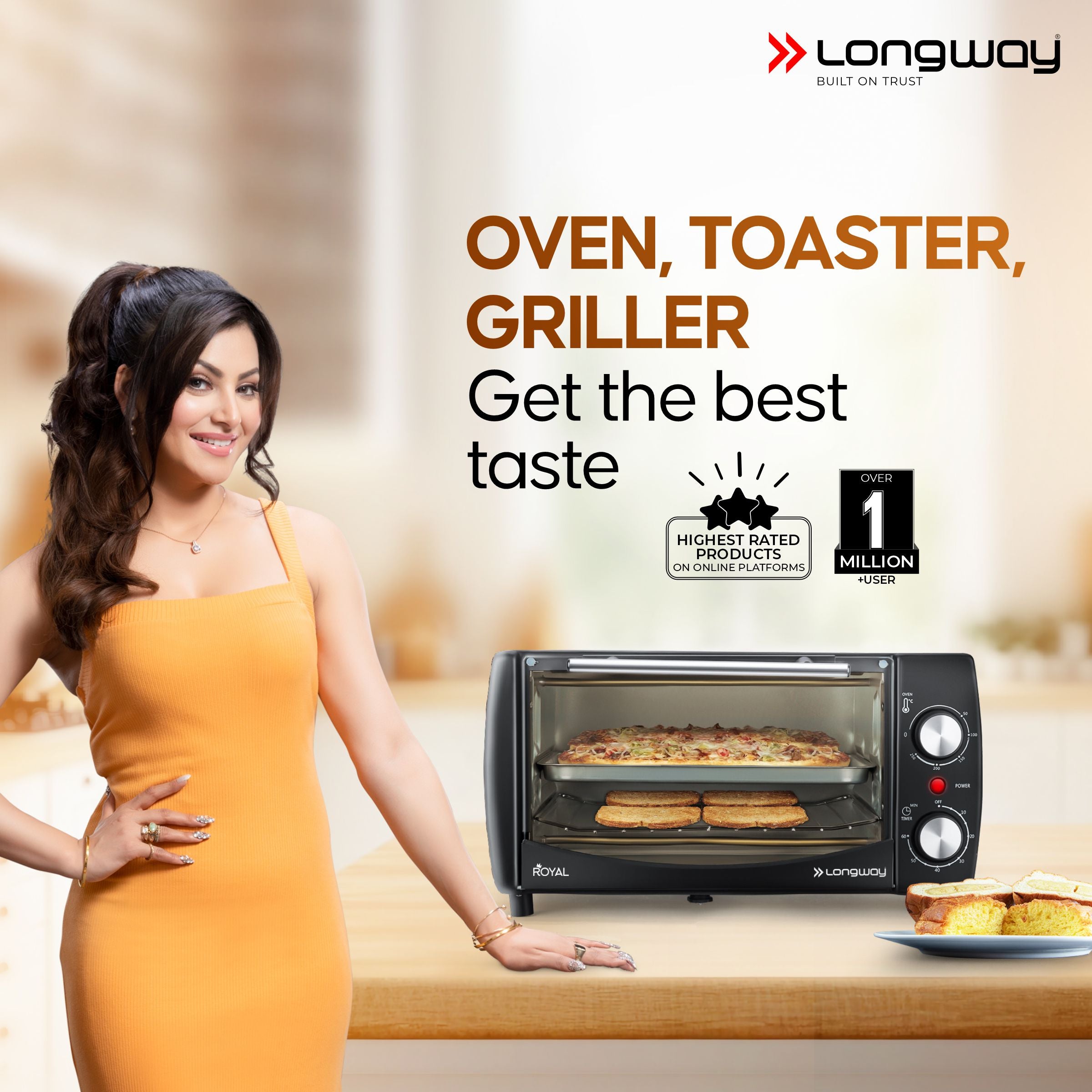 Longway Royal OTG 12 Ltr Oven Toaster Griller with Heating Modes | Temperature Timer Control for Baking Pizza, Cake, Grilling Chicken & Toasting Bread| (1000 W, Black)