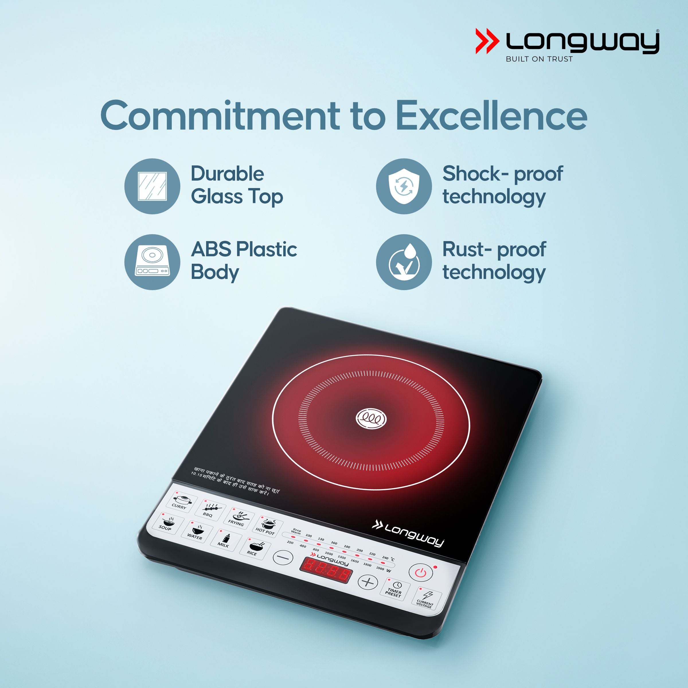 Longway Cruiser IC 2000 Watt Induction Cooktop with Auto Shut-Off & Over-Heat Protection With 8 Cooking Mode & BIS Approved | (Black, Push Button)