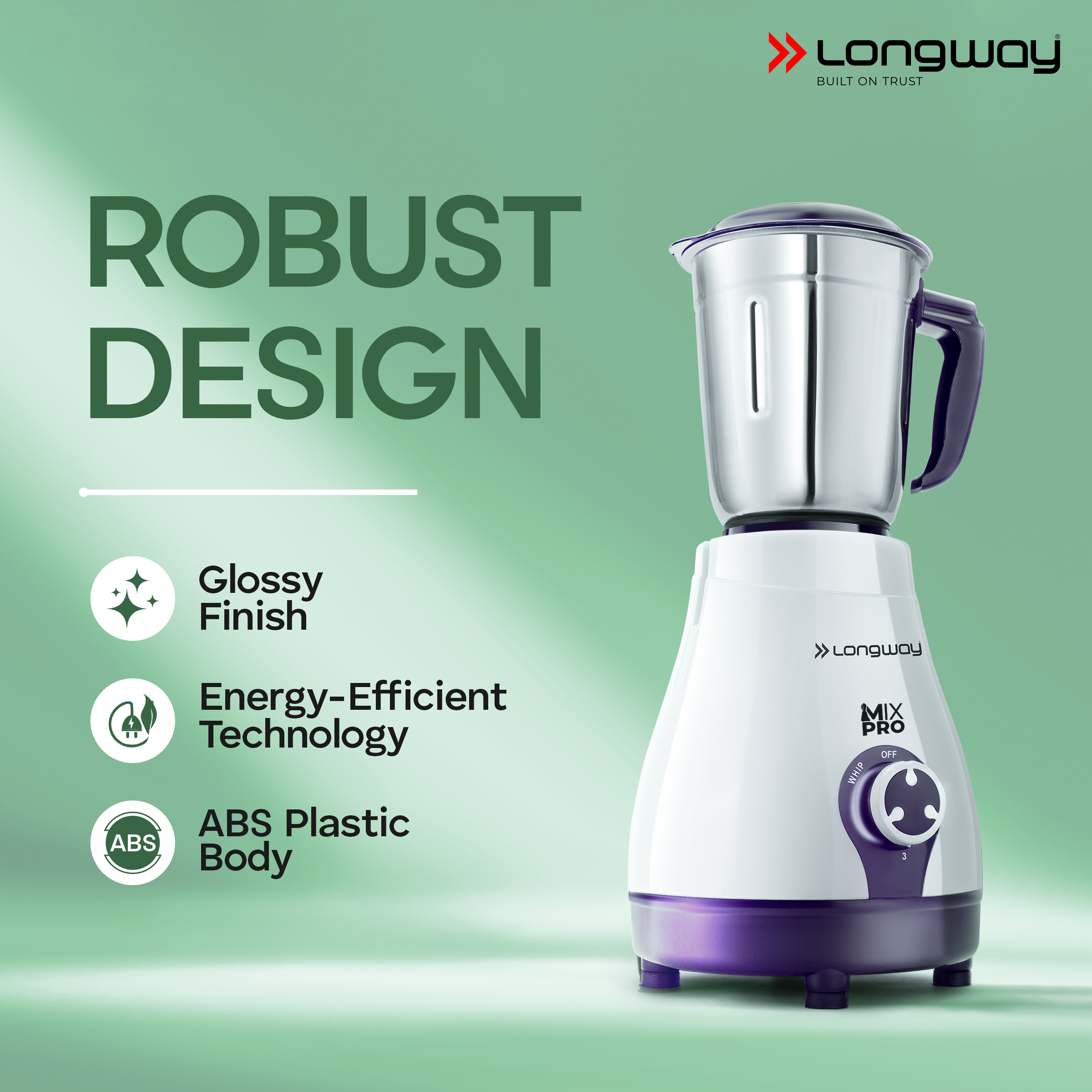 Longway Mix Pro 550 Watt Mixer Grinder with 4 Jars for Grinding, Mixing, Blending, Juicing with Powerful Motor | 2 Year Warranty | (Purple, 4 Jars)