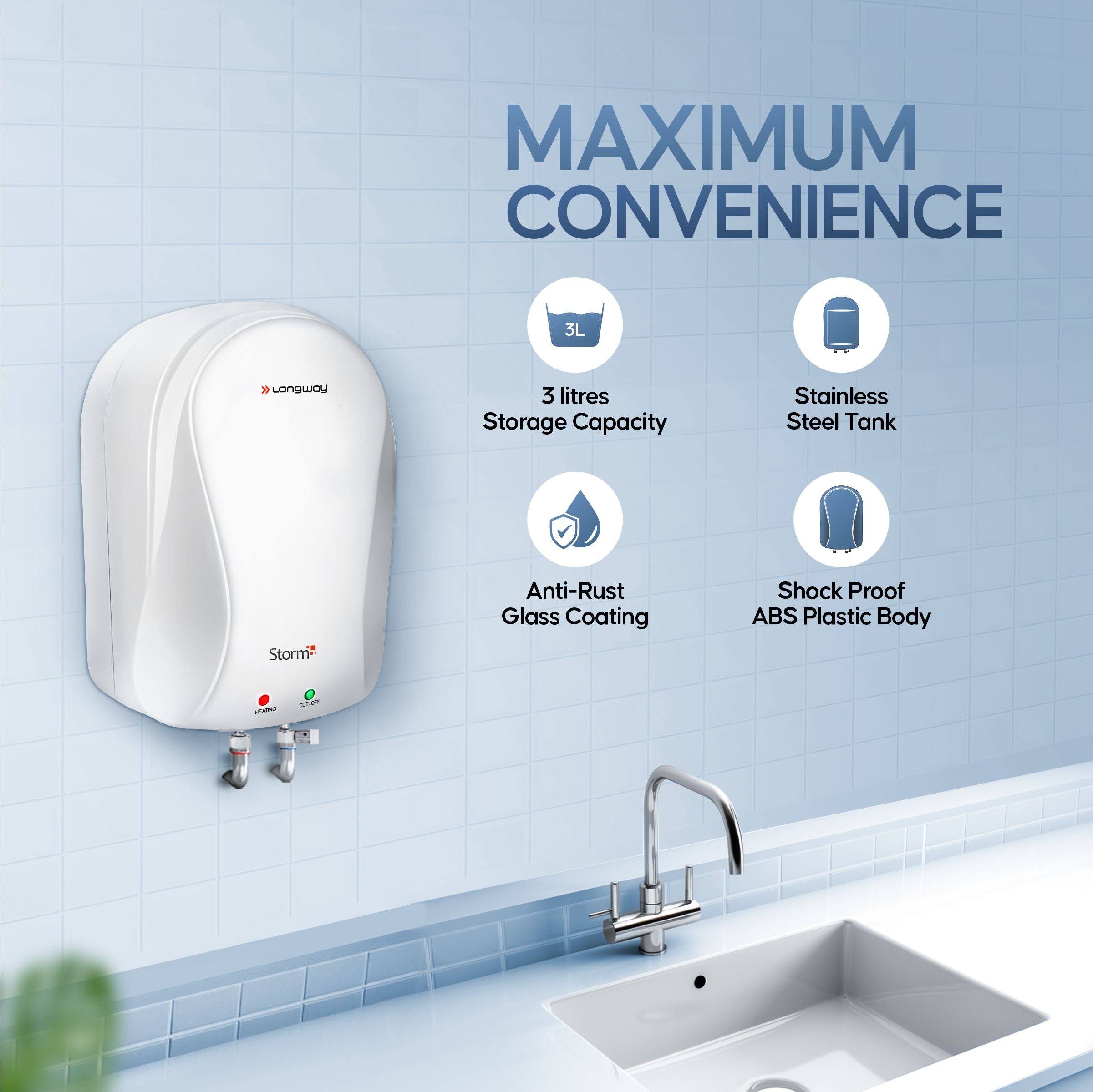 Longway Storm 3 ltr Automatic Instant Water Heater with Multiple Safety System & Rust-Proof ABS Body (Off-White, 3 Ltr)