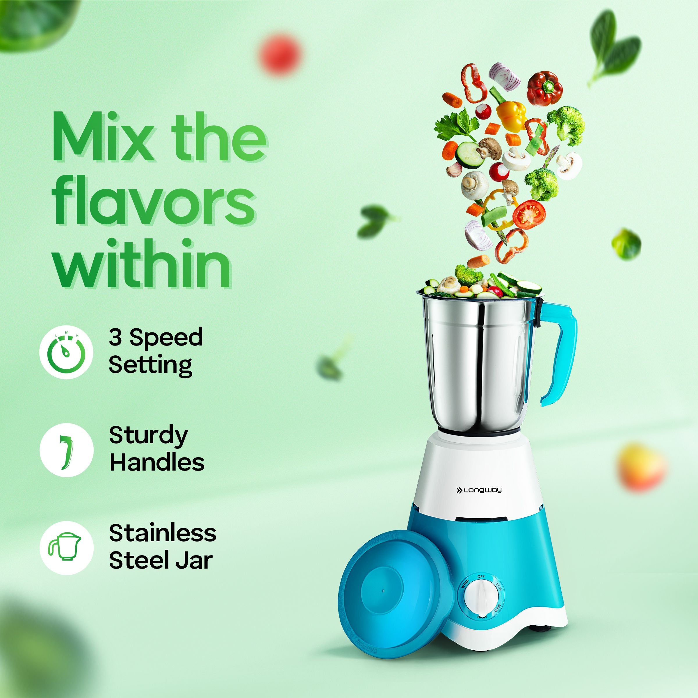 Longway Super Dlx 700 Watt Mixer Grinder with 3 Jars for Grinding, Mixing with Powerful Motor & Kwid 1100 Watt Dry Iron | 1 Year Warranty | (White & Blue, Combo Offer)
