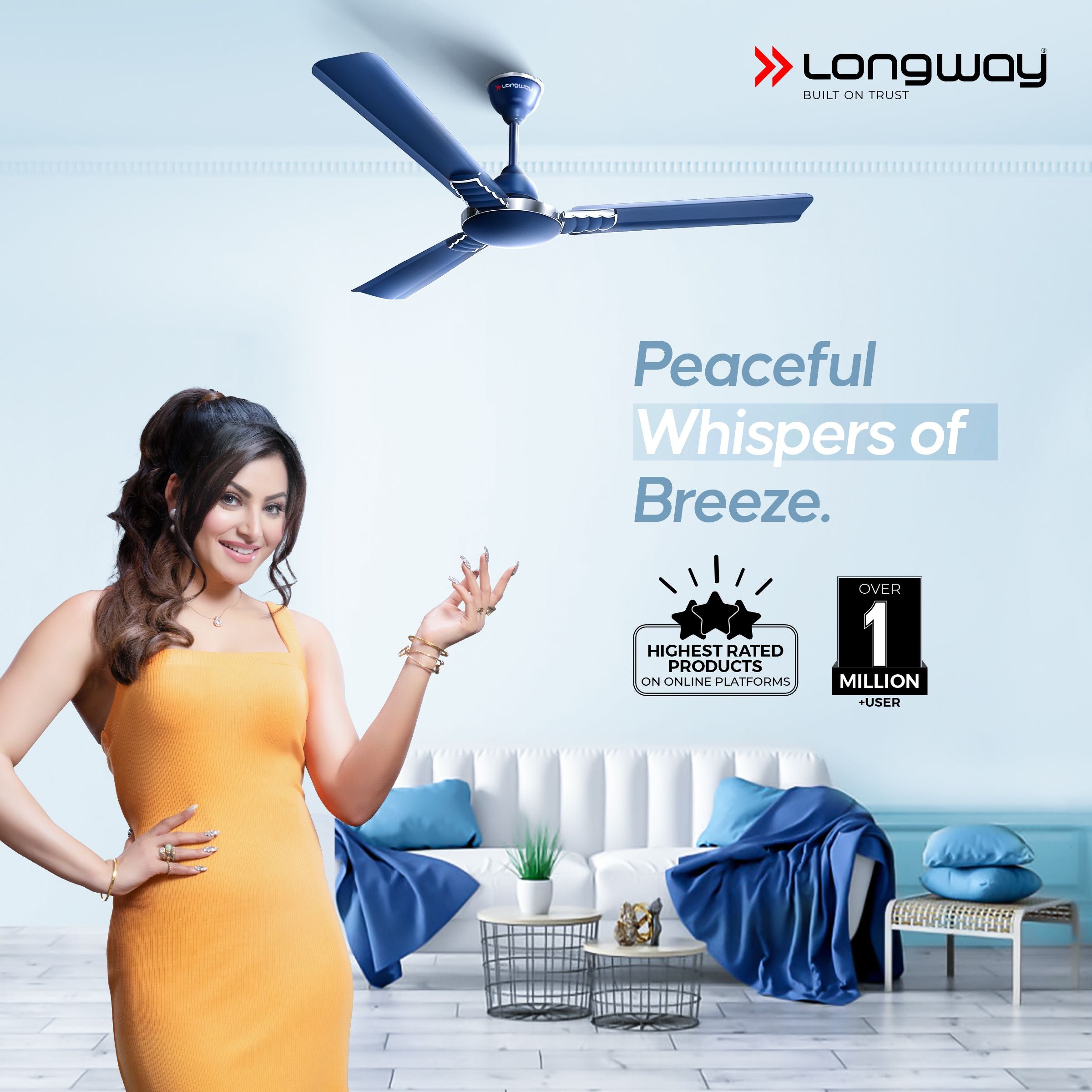 Longway Wave P1 1200 mm/48 inch 400 RPM Ultra High Speed 3 Blade Star Rated Anti-Dust Decorative Ceiling Fan (Silver Blue, Pack of 1)