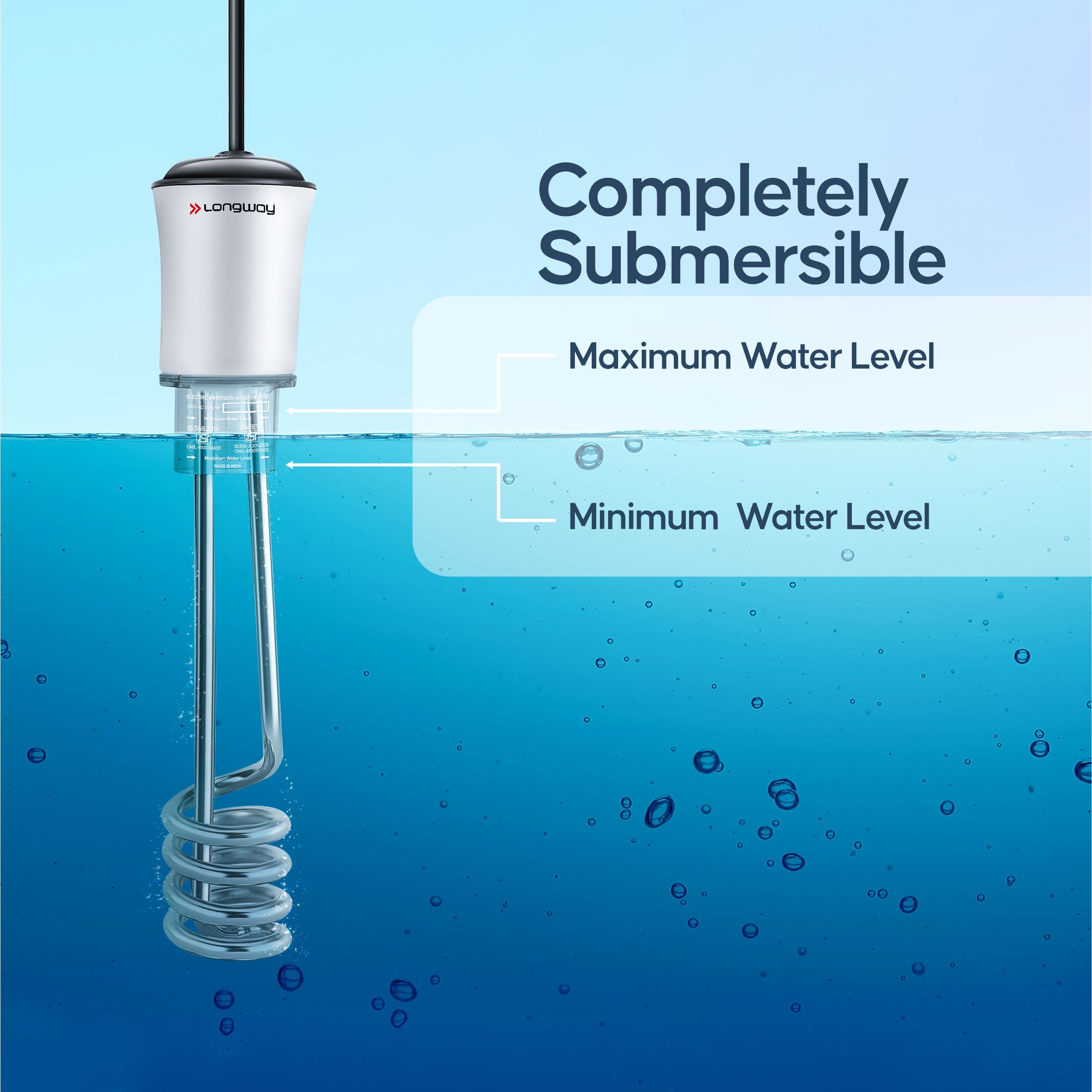 Longway LWIR01 1500 Watt Immersion Rod, Water Heater with Waterproof & Shockproof Protection ISI Certified | 2 Years Warranty (White)