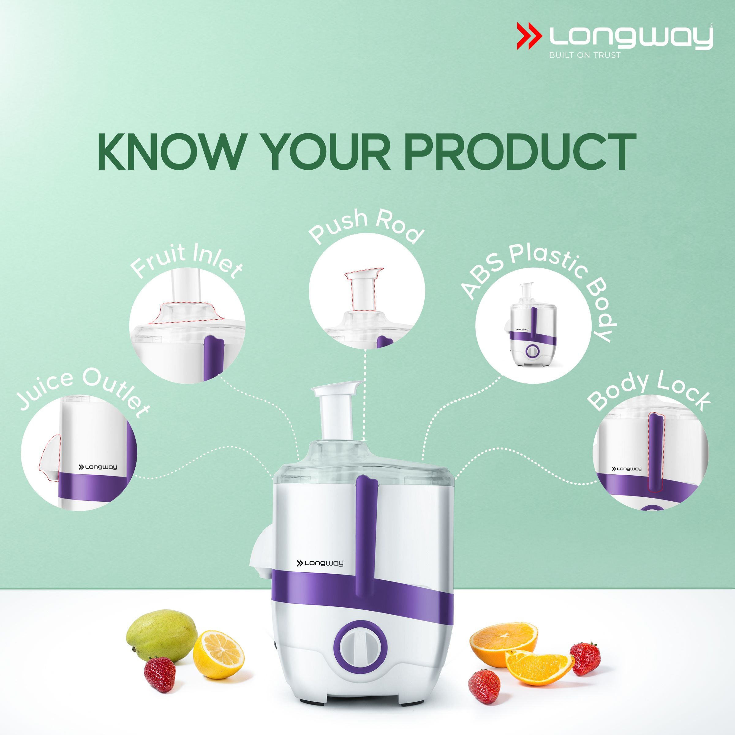 Longway Juicy 600 Watt Juicer Mixer Grinder with 2 Jars for Grinding, Mixing, Juicing with Powerful Motor | 1 Year Warranty (2 Jars, Purple)