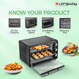 Longway Royal OTG 25 Ltr Oven Toaster Griller with Heating Modes | Temperature Timer Control for Baking Pizza, Cake, Grilling Chicken & Toasting Bread|1 Year Warranty (1500 W, Black)