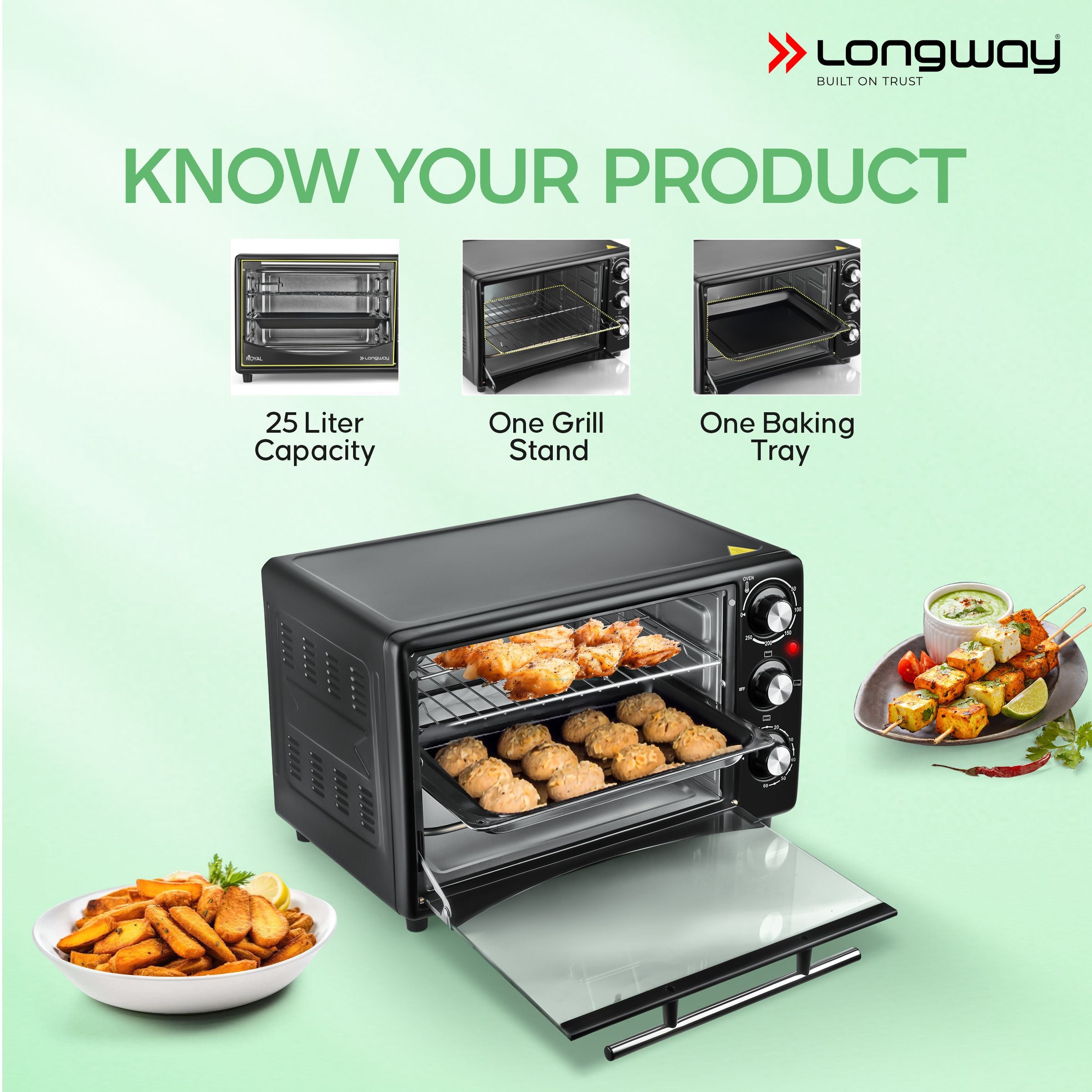 Longway Royal OTG 25 Ltr Oven Toaster Griller with Heating Modes | Temperature Timer Control for Baking Pizza, Cake, Grilling Chicken & Toasting Bread| (1500 W, Black)