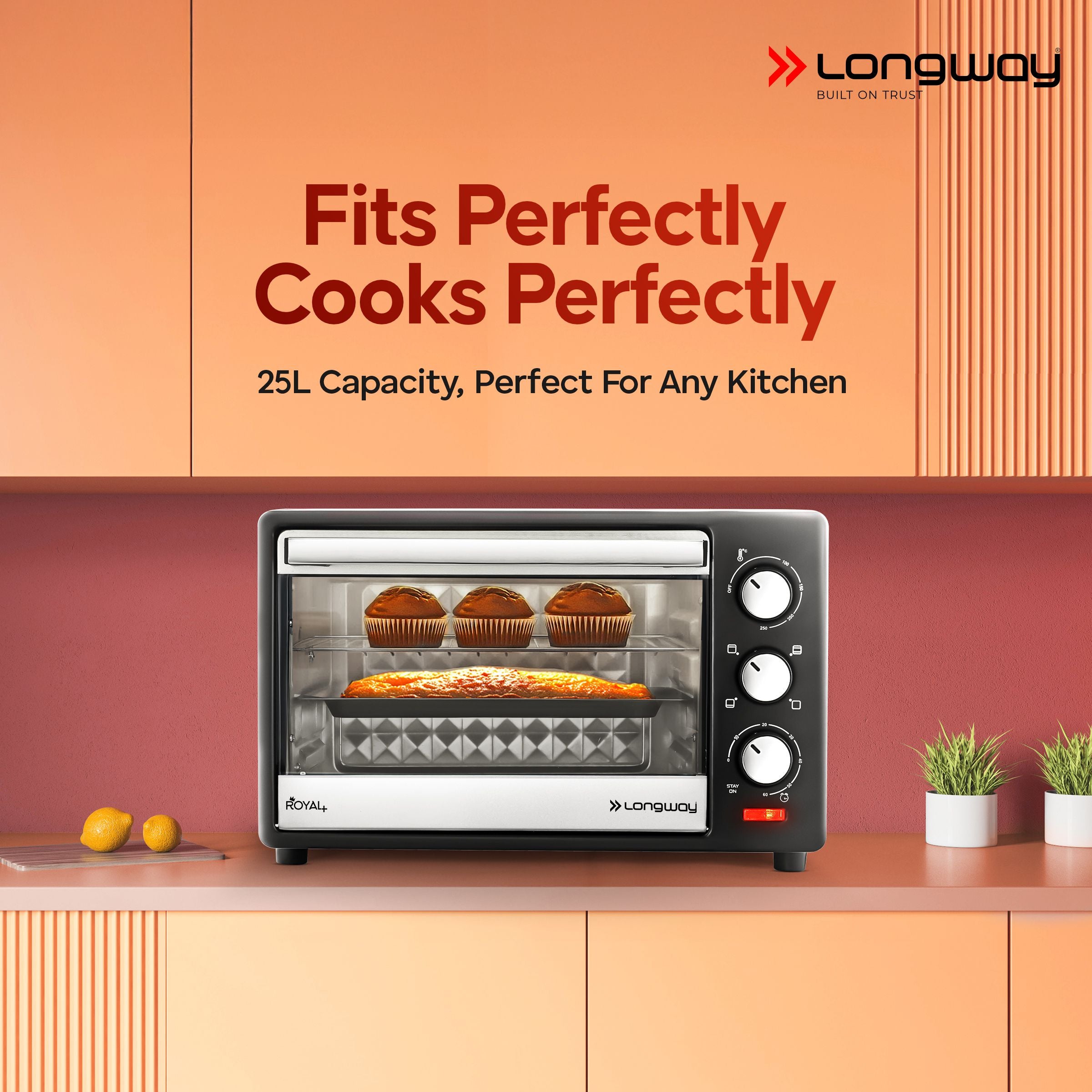 Longway Royal Plus OTG 25 Ltr Oven Toaster Griller with Multiple Heating Modes | Temperature Timer Control for Baking Pizza, Cake, Grilling Chicken & Toasting Bread|1 Year Warranty (1280W, Silver)