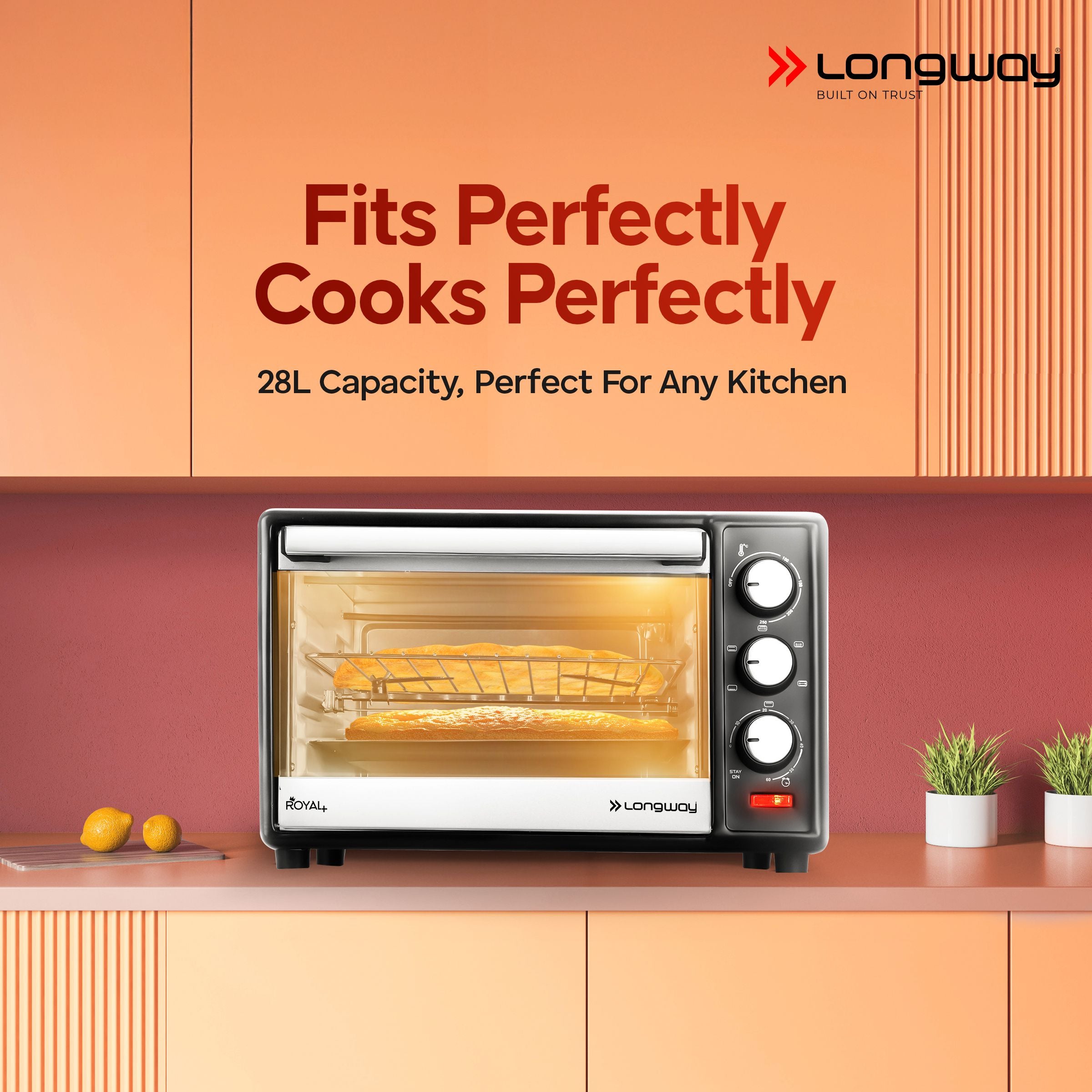 Longway Royal Plus OTG 28 Ltr Oven Toaster Griller with Illuminated chamber, Motorized rotisserie Multiple Heating Modes | Temperature Timer Control for Baking Pizza, Cake, Grilling Chicken & Toasting Bread (1500W, Silver)