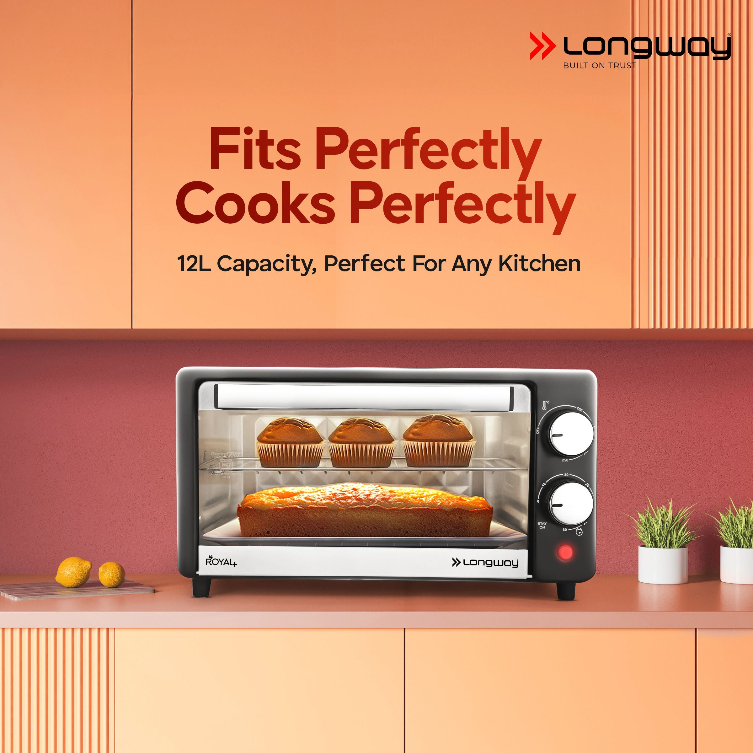 Longway Royal Plus OTG 12 Ltr Oven Toaster Griller with Multiple Heating Modes | Temperature Timer Control for Baking Pizza, Cake, Grilling Chicken & Toasting Bread|1 Year Warranty (800W, Silver)