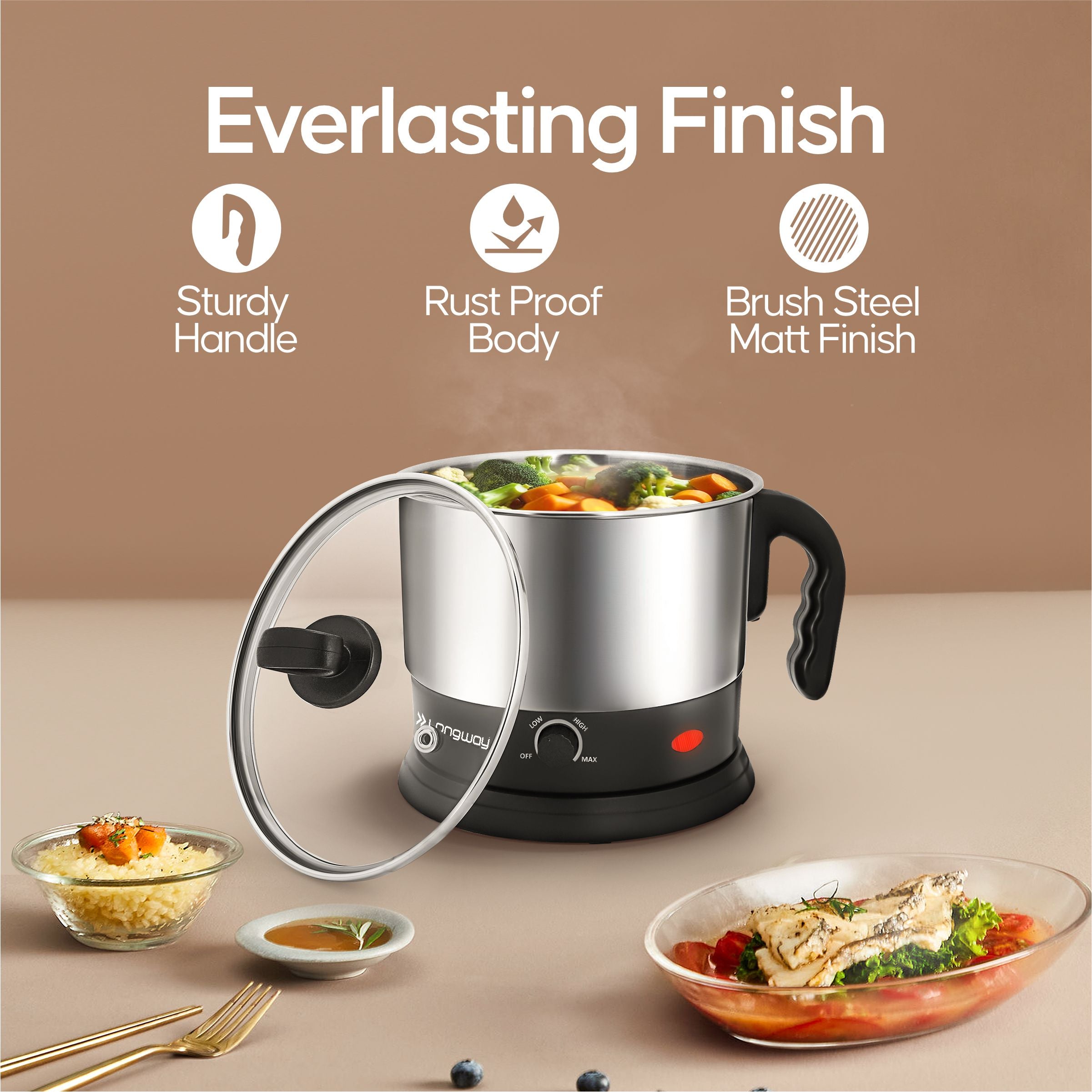 Longway Handy 1.5 Ltr Multi-Cooker Electric Kettle with Stainless Steel Body for Boiling & Cooking (Black & Silver, 600 Watt)
