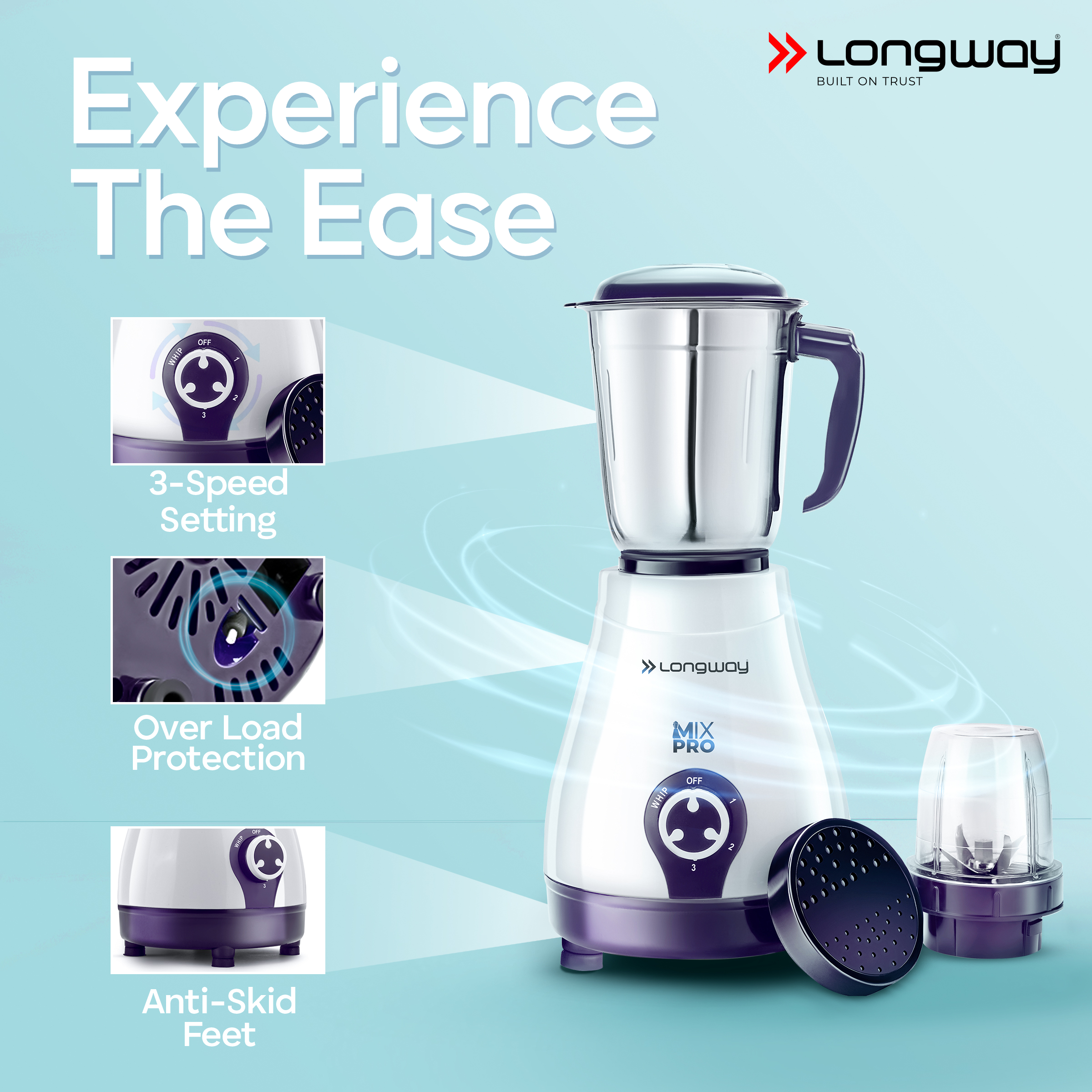 Longway Mix Pro 550 Watt Mixer Grinder with 4 Jars for Grinding, Mixing, Blending, Juicing with Powerful Motor | 2 Year Warranty | (Purple, 4 Jars)