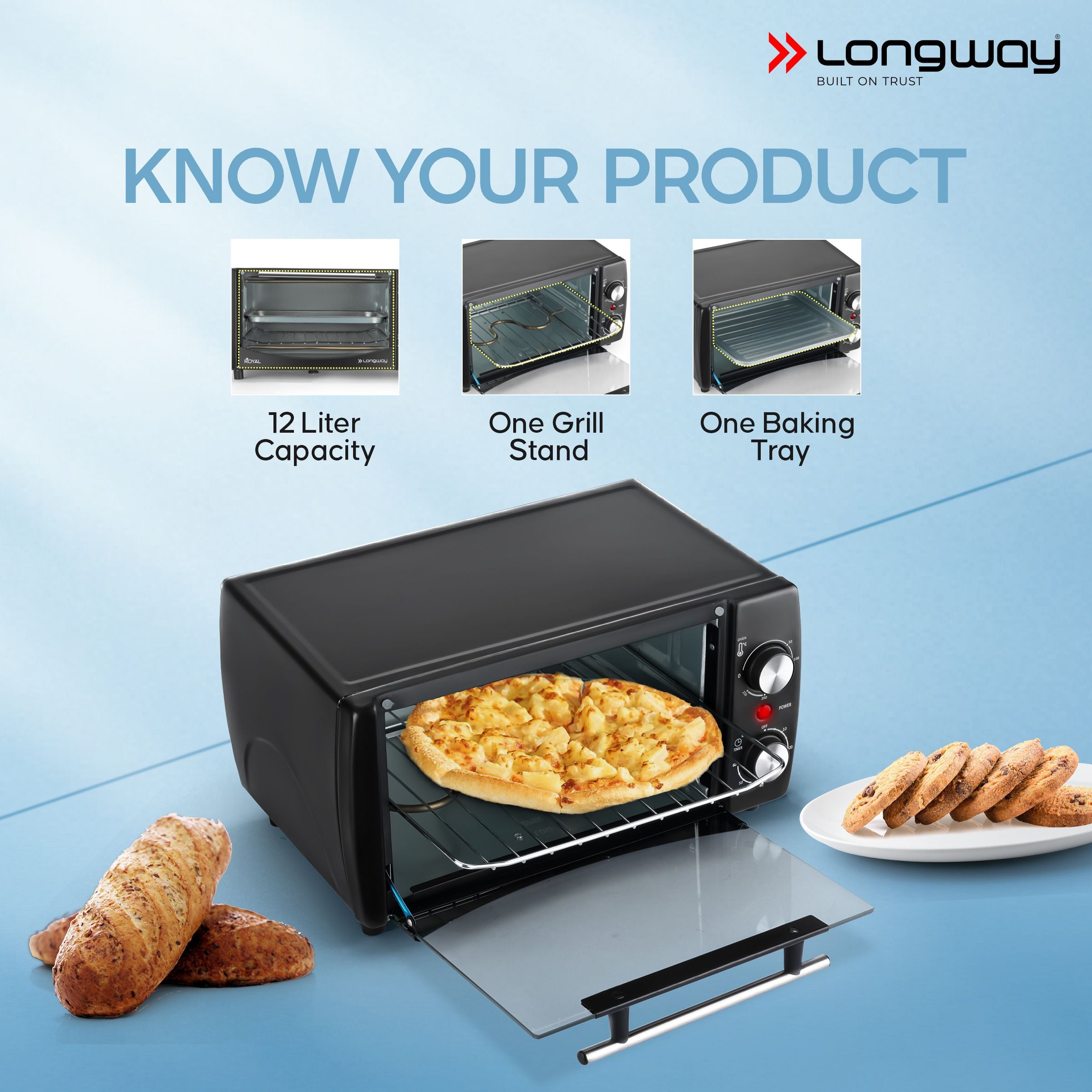 Longway Royal OTG 12 Ltr Oven Toaster Griller with Heating Modes | Temperature Timer Control for Baking Pizza, Cake, Grilling Chicken & Toasting Bread| (1000 W, Black)