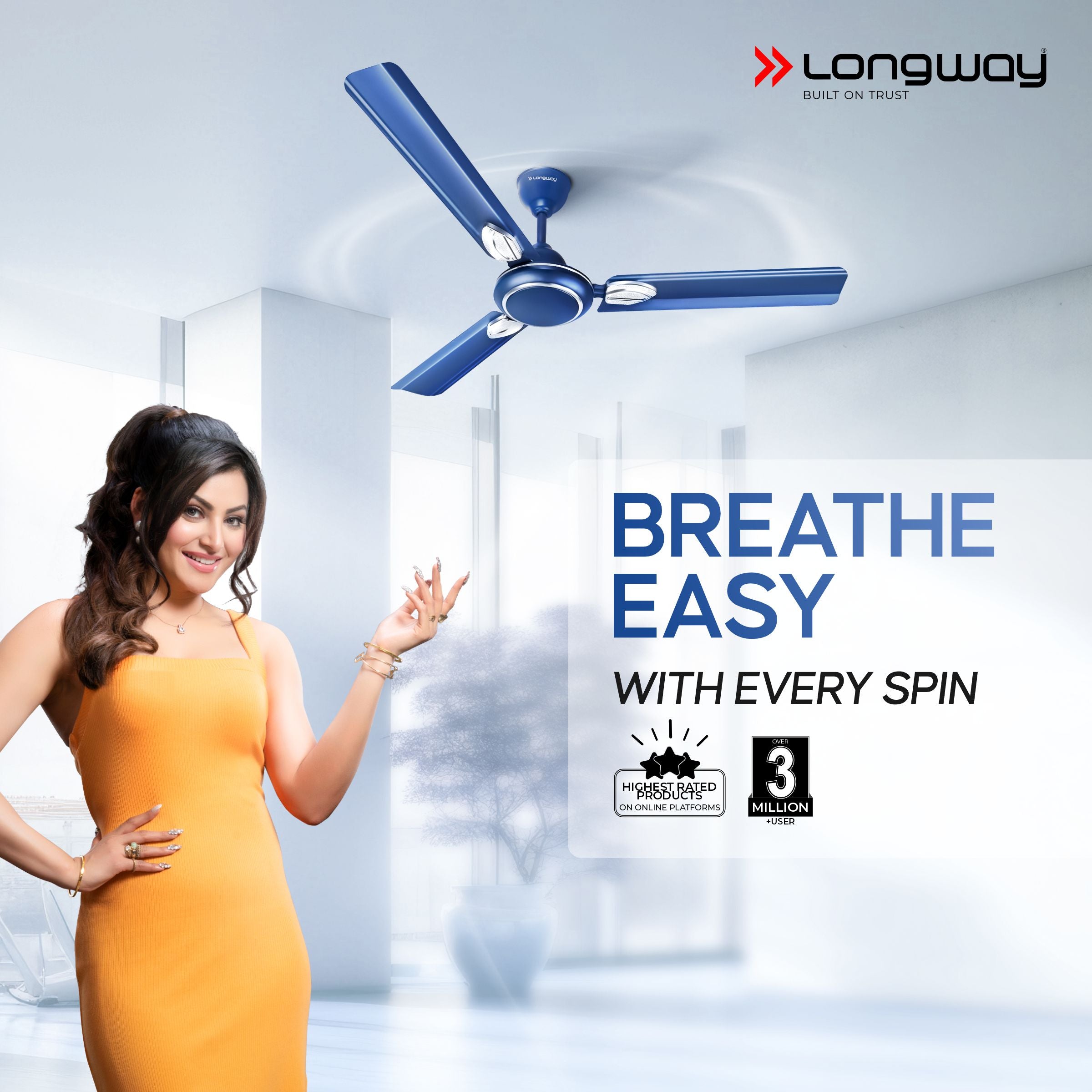 Longway Kiger P1 1200 mm/48 inch Ultra High Speed 3 Blade Anti-Dust Decorative Star Rated Ceiling Fan (Silver Blue)