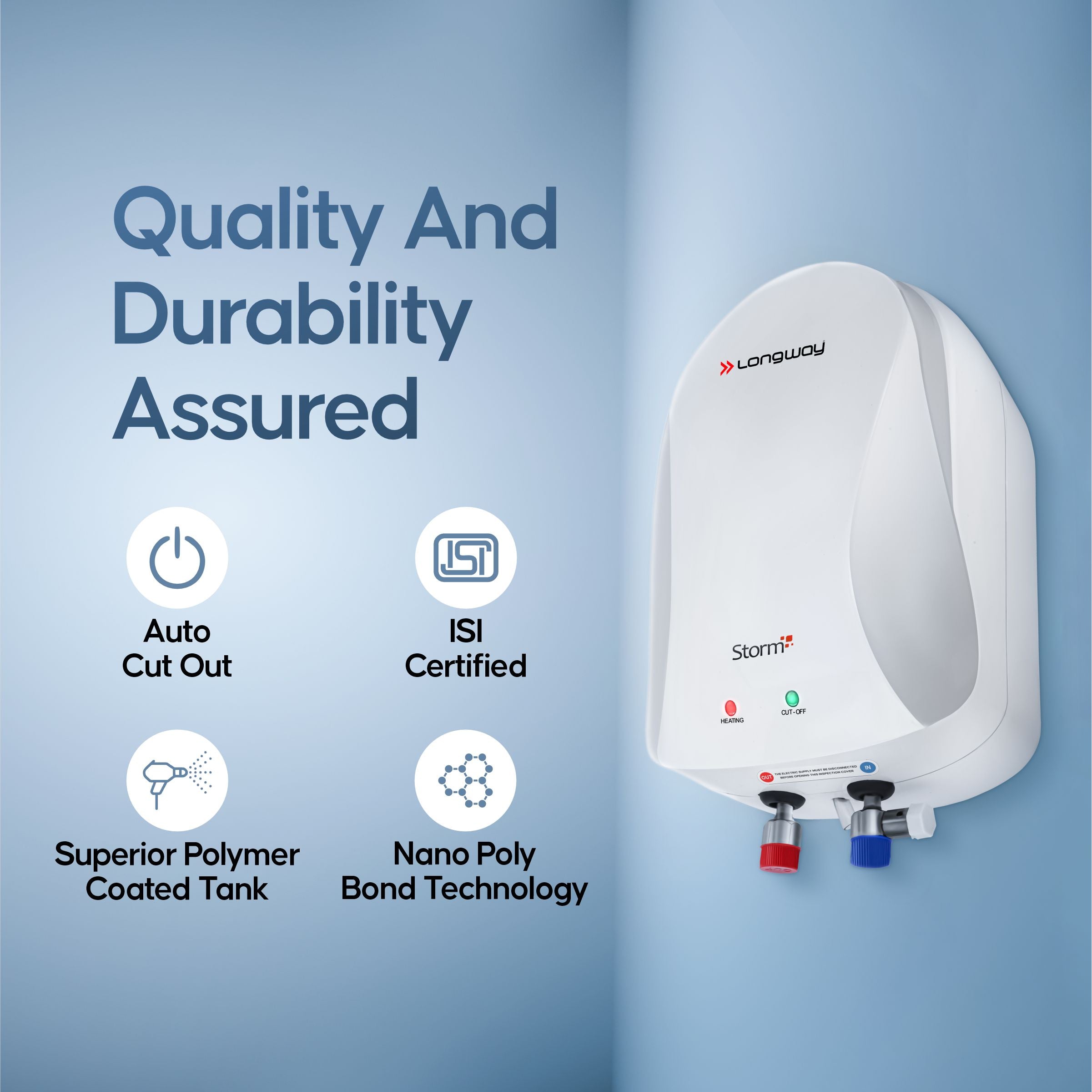 Longway Storm 3 ltr Automatic Instant Water Heater with Multiple Safety System & Rust-Proof ABS Body (Off-White, 3 Ltr)