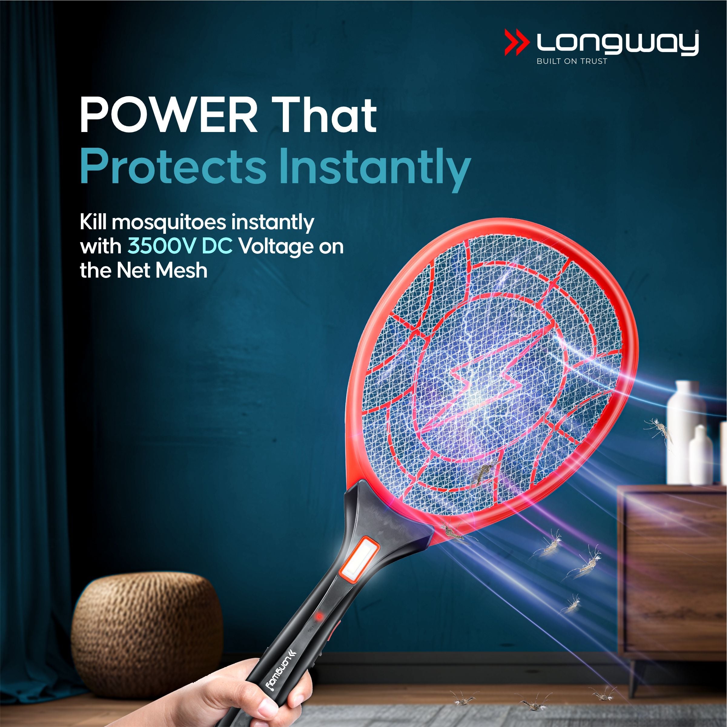 Longway Zappy Rechargeable Mosquito Racket | 3500V DC Voltage on the Net Mesh| Insect Killer Bat | 500mAH Battery | Large Net Area for Better Coverage | Long Lasting Internal Battery | 6 Months Warranty (Black)