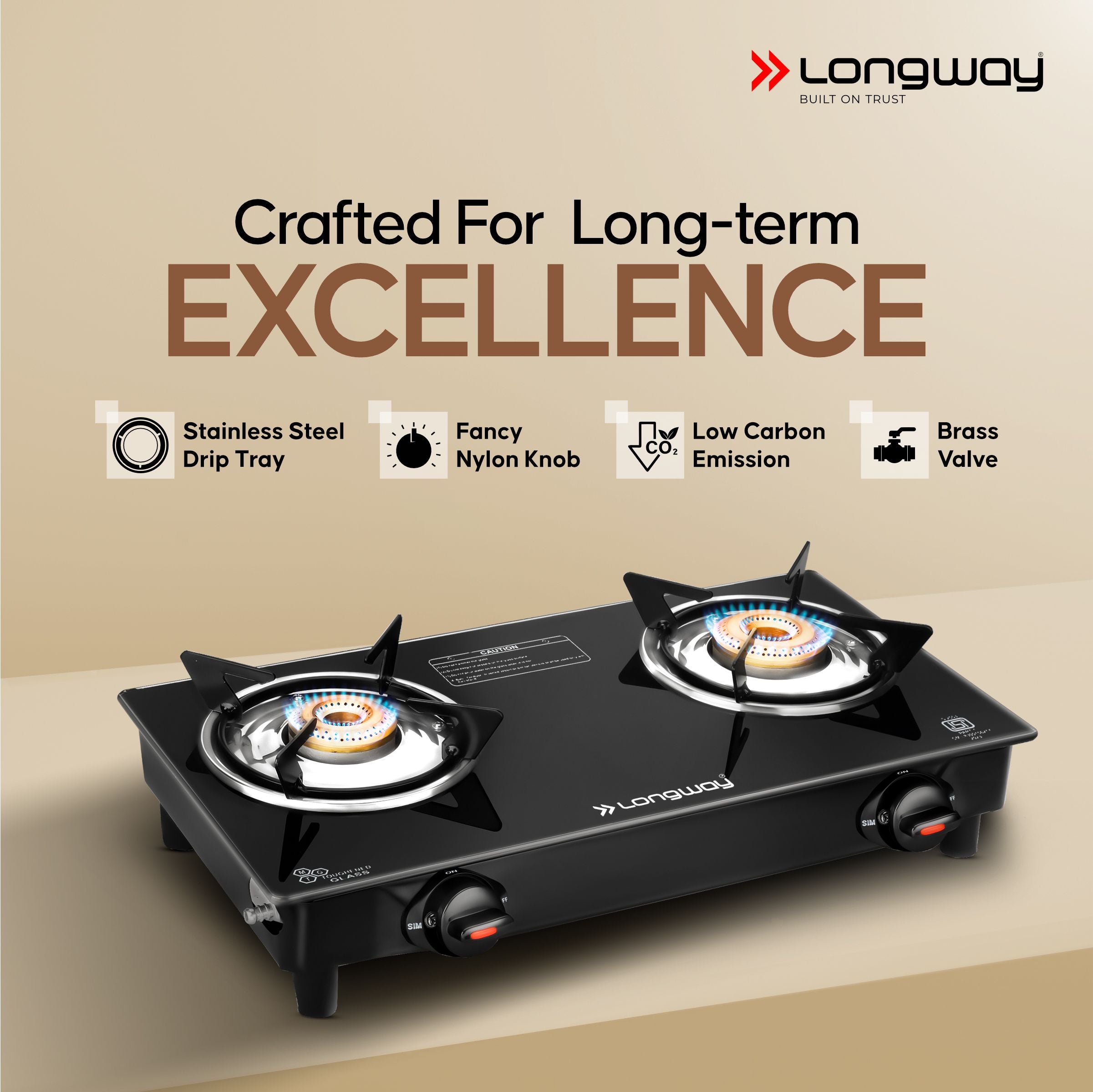 Longway Furn Glass Top, 2 Burner Manual Ignition Glass Gas Stove (Black, ISI Certified, 1 Year Warranty)