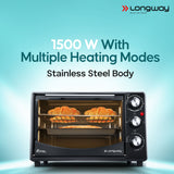 Longway Royal OTG 25 Ltr Oven Toaster Griller with Heating Modes | Temperature Timer Control for Baking Pizza, Cake, Grilling Chicken & Toasting Bread|1 Year Warranty (1500 W, Black)