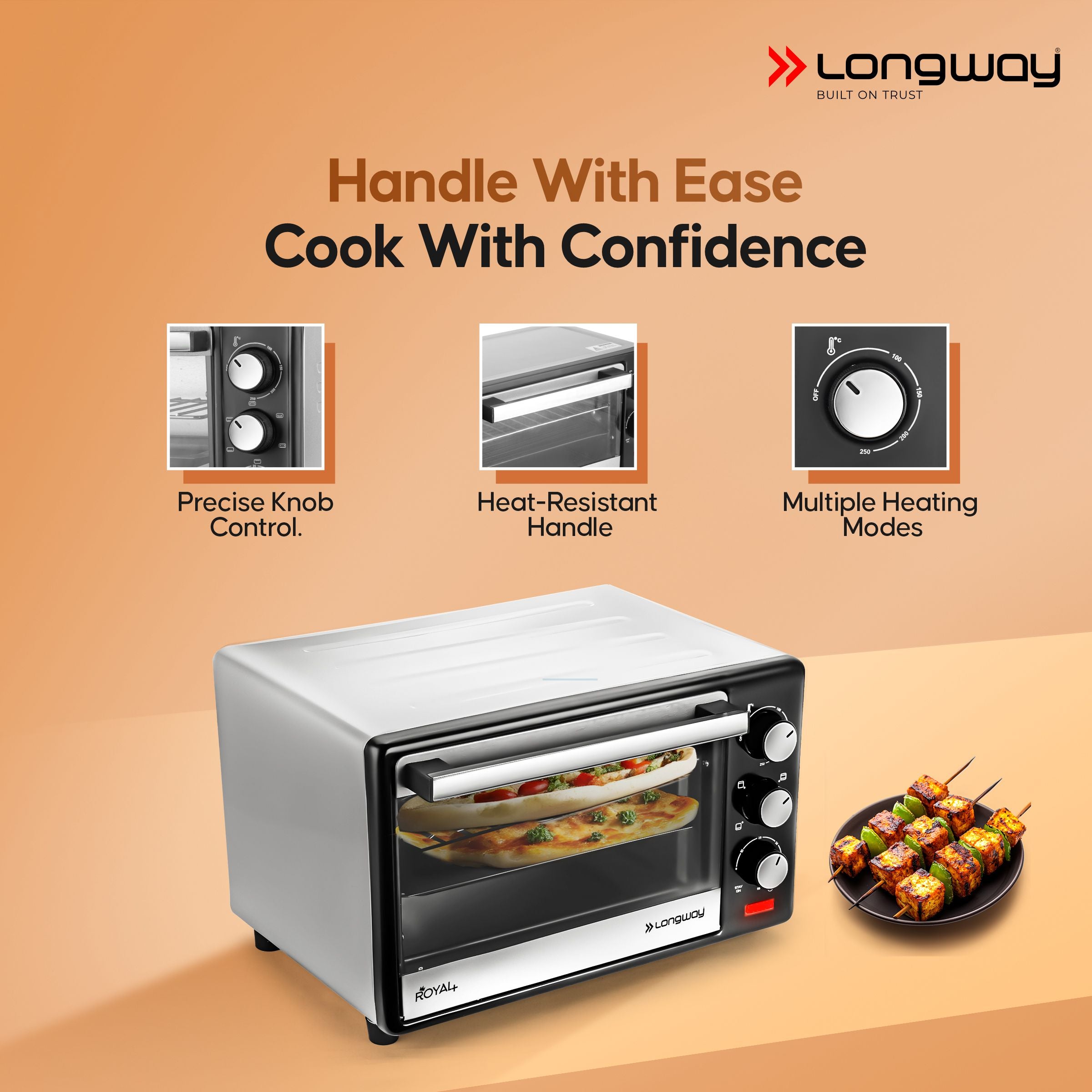 Longway Royal Plus OTG 25 Ltr Oven Toaster Griller with Multiple Heating Modes | Temperature Timer Control for Baking Pizza, Cake, Grilling Chicken & Toasting Bread|1 Year Warranty (1280W, Silver)