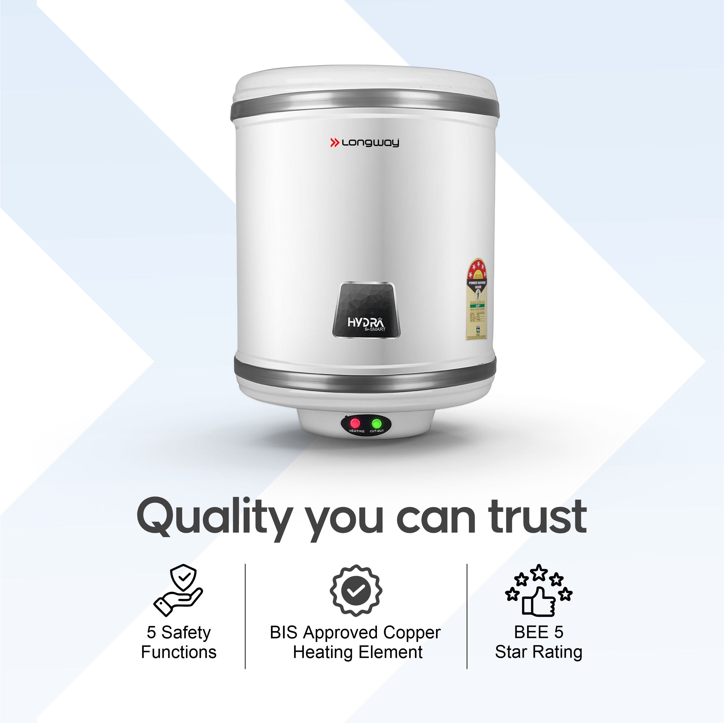 Longway Hydra Smart 15 Ltr 5 Star Rated Automatic Storage Water Heater for Home with App Based Multi-Functioning Technology with Multiple Safety System & Anti-Rust Coating | 1-Year Warranty | (Silver, 15 Ltr)