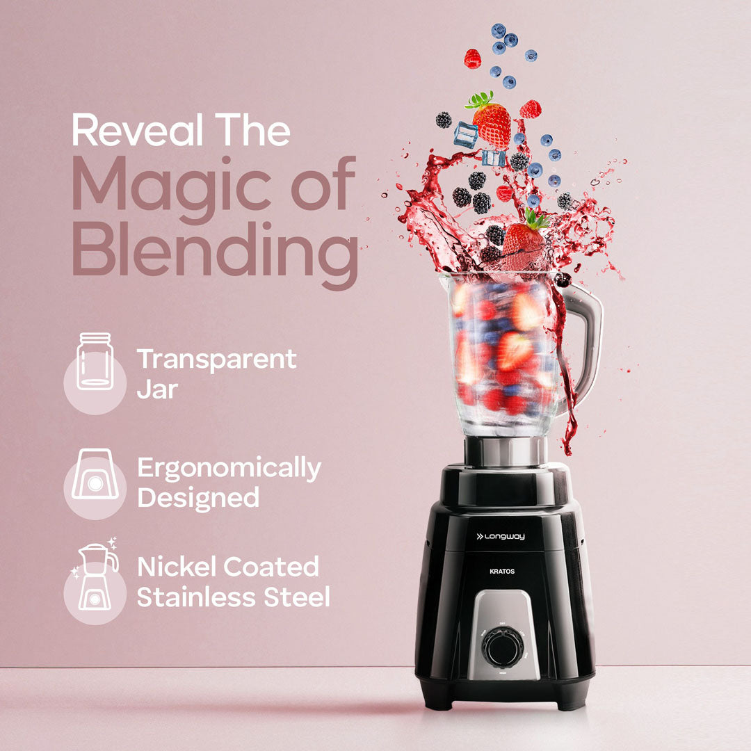 Longway Kratos 1000 Watt Juicer Mixer Grinder with 4 Jars for Grinding, Mixing, Juicing with Powerful Motor | 1 Year Warranty | (Black, 4 Jars)