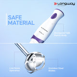 Longway Stella Hand Blender with Stainless Steel Blades | Detachable Anti Splash Stainless Steel Foot | Perfect for Smooth Blends (300 W, Purple)