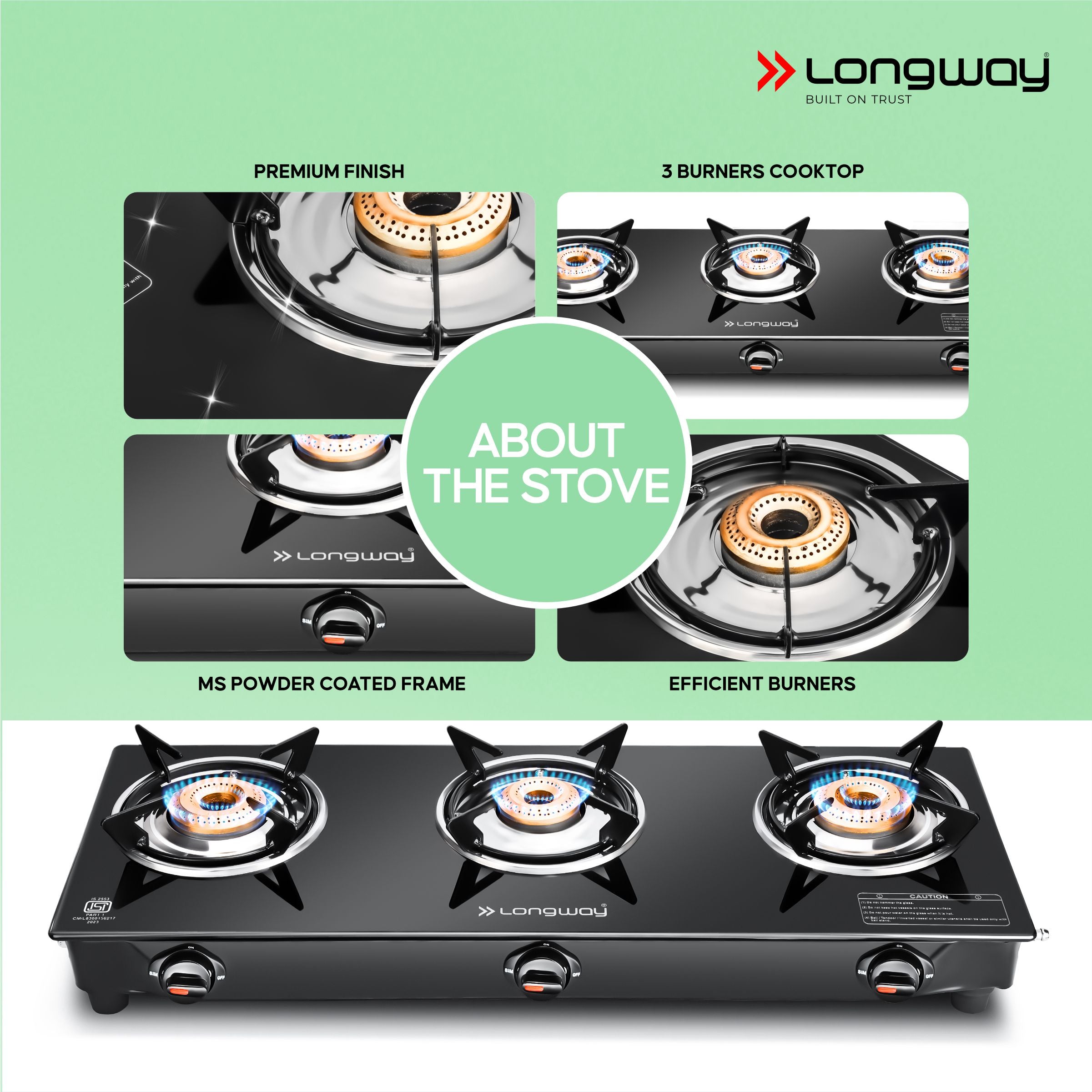 Longway Furn Glass Top, 3 Burner Auto Ignition Glass Gas Stove (Black, ISI Certified)