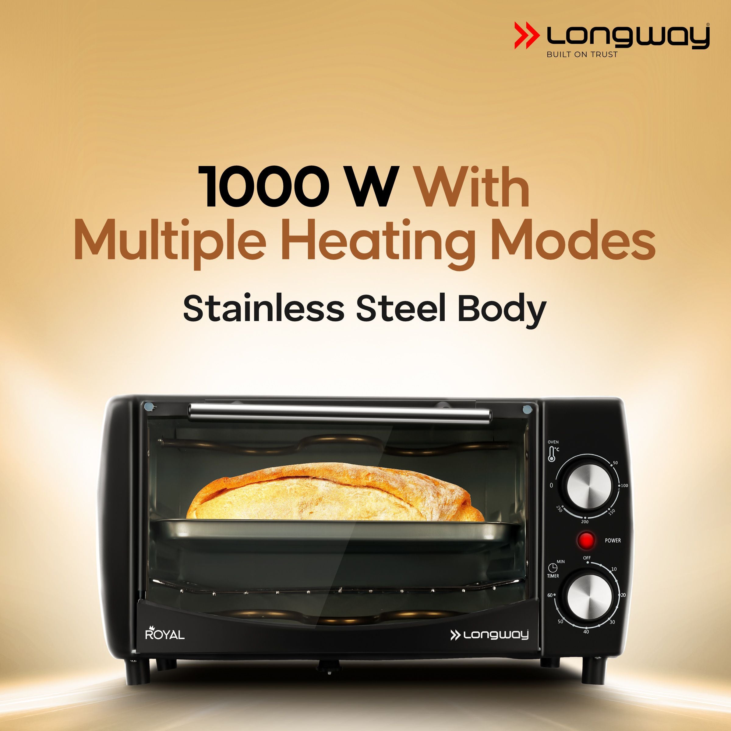 Longway Royal OTG 12 Ltr Oven Toaster Griller with Heating Modes | Temperature Timer Control for Baking Pizza, Cake, Grilling Chicken & Toasting Bread| (1000 W, Black)