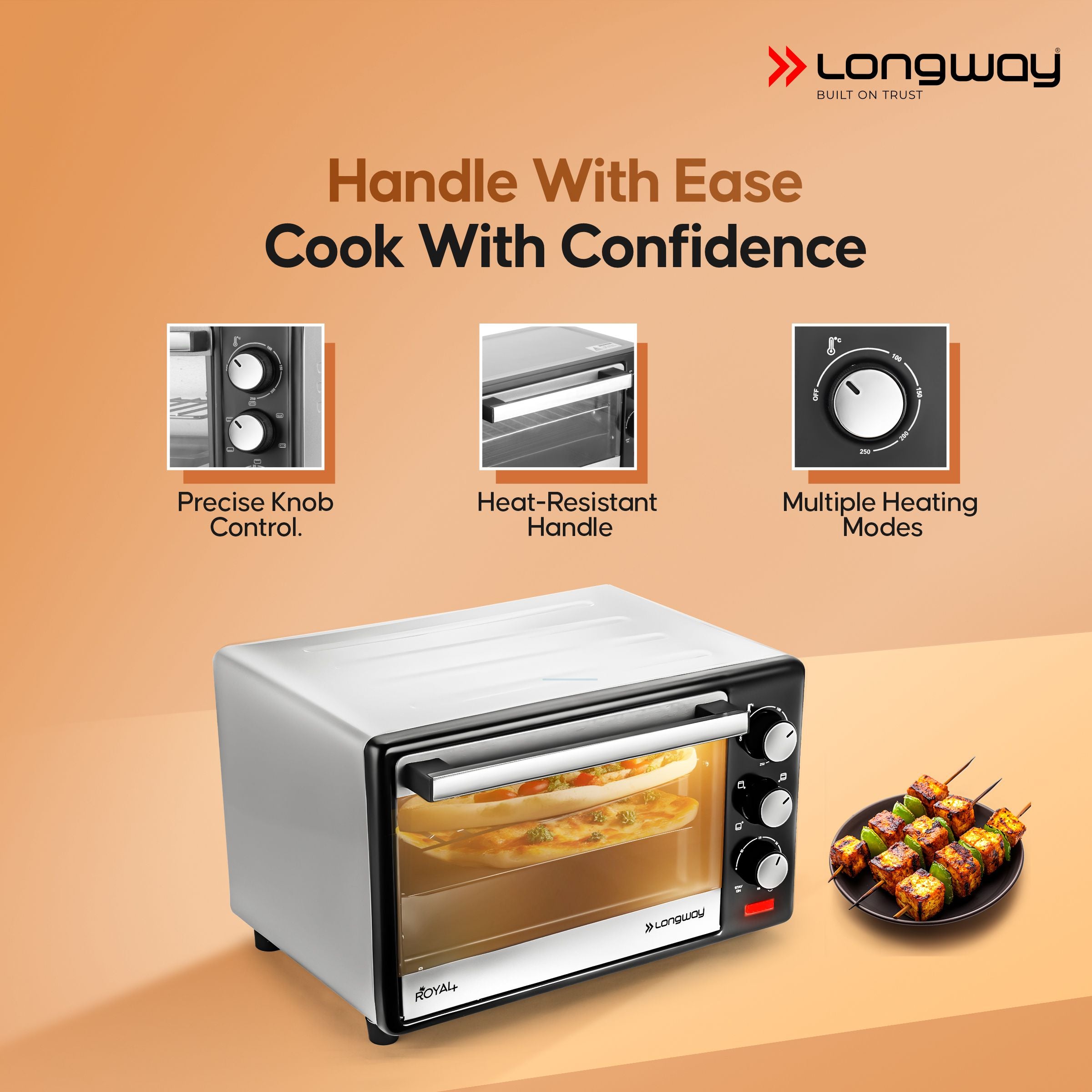 Longway Royal Plus OTG 28 Ltr Oven Toaster Griller with Illuminated chamber, Motorized rotisserie Multiple Heating Modes | Temperature Timer Control for Baking Pizza, Cake, Grilling Chicken & Toasting Bread (1500W, Silver)