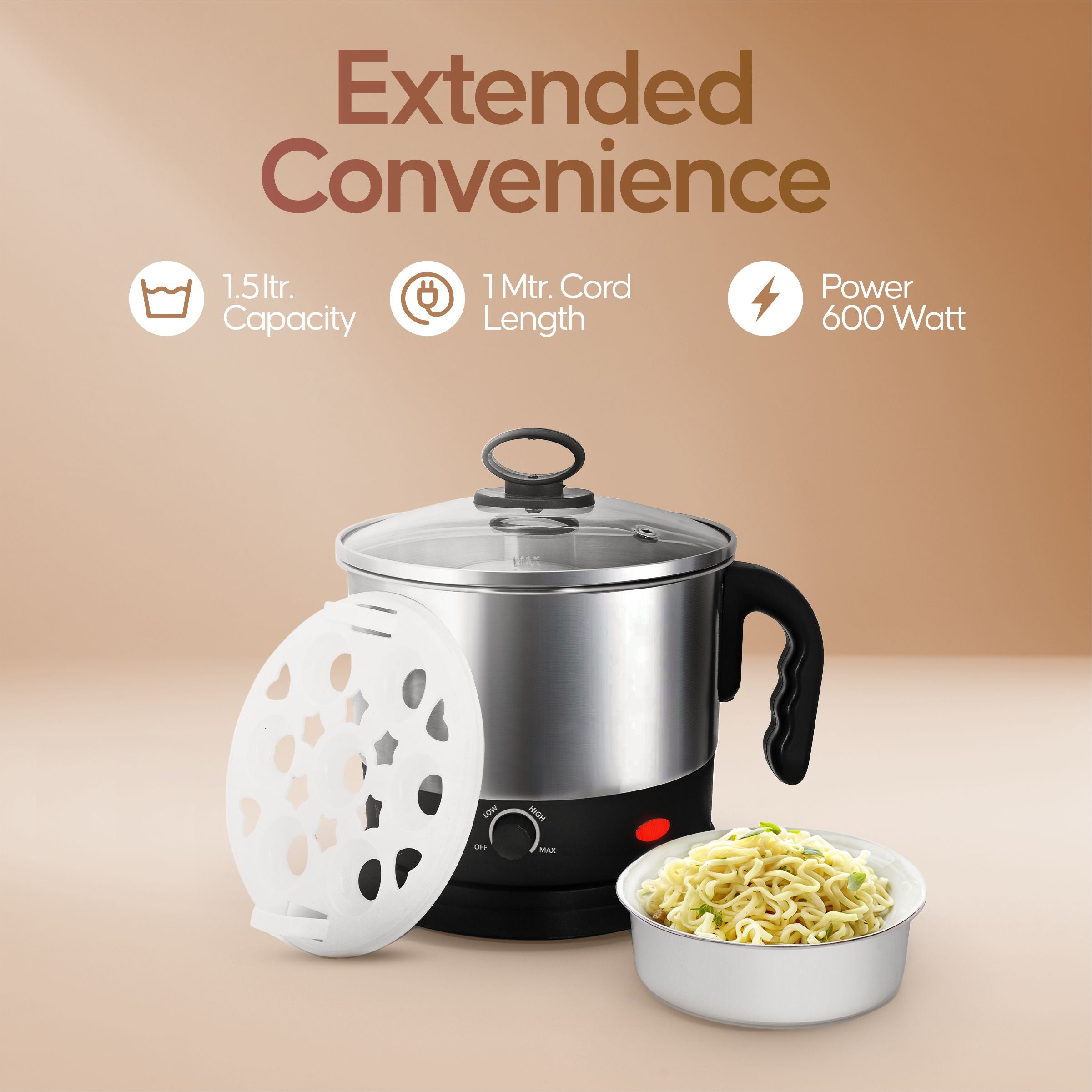 Longway Handy 1.5 Ltr Multi-Cooker Electric Kettle with Stainless Steel Body for Boiling & Cooking (Black & Silver, 600 Watt)