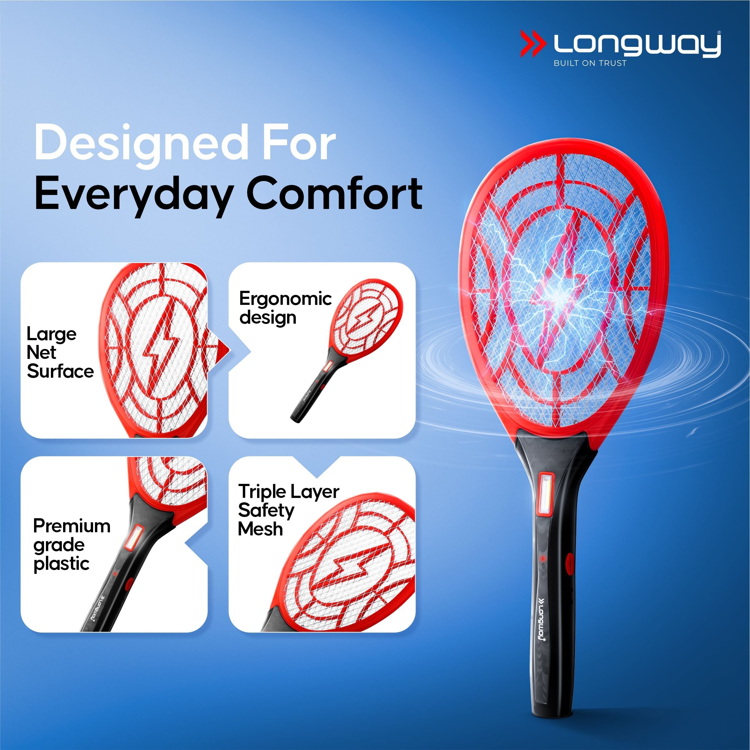 Longway Zappy Rechargeable Mosquito Racket | 3500V DC Voltage on the Net Mesh| Insect Killer Bat | 500mAH Battery | Large Net Area for Better Coverage | Long Lasting Internal Battery | 6 Months Warranty (Black)