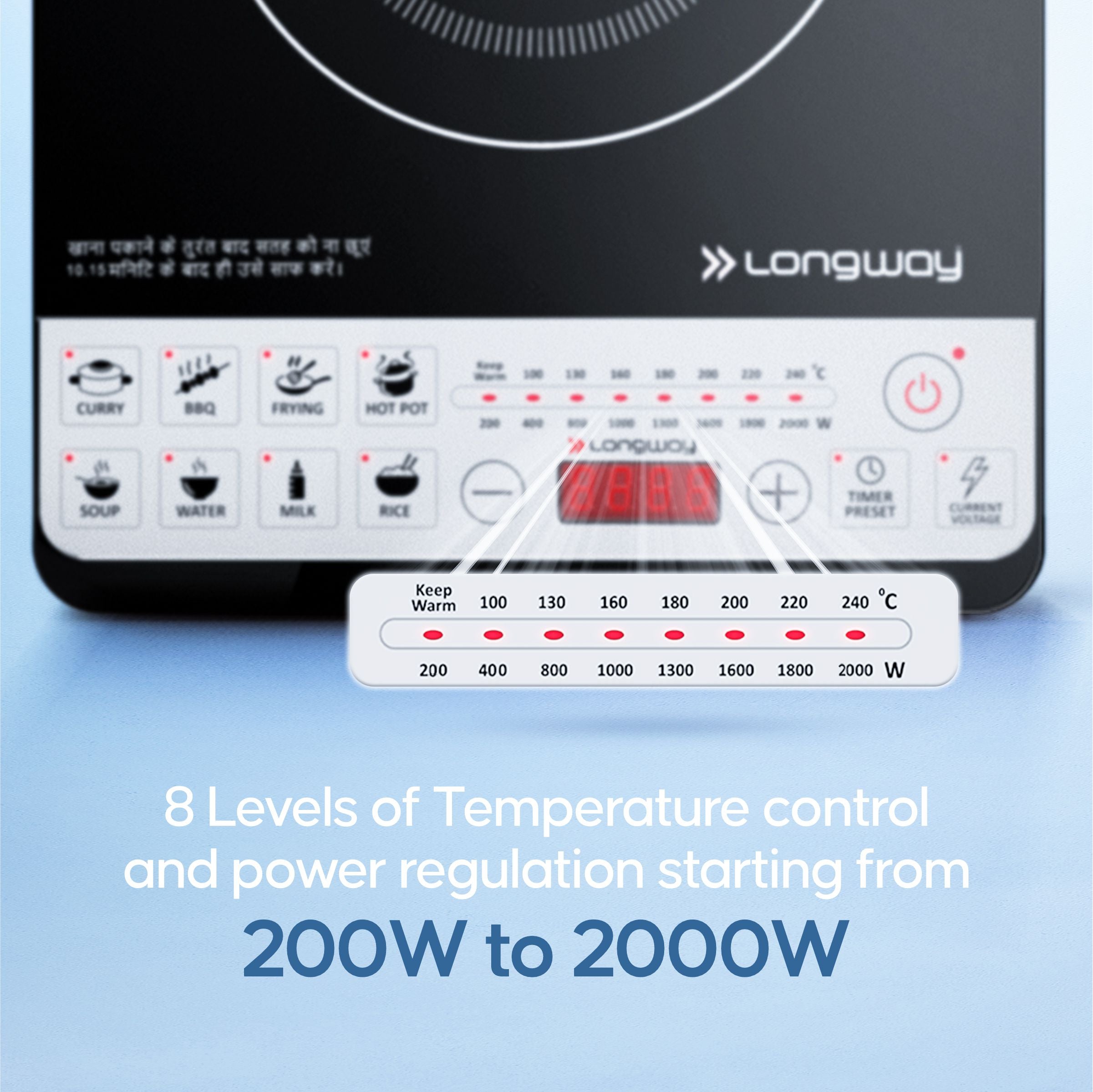 Longway Cruiser IC 2000 Watt Induction Cooktop with Auto Shut-Off & Over-Heat Protection With 8 Cooking Mode & BIS Approved | (Black, Push Button)