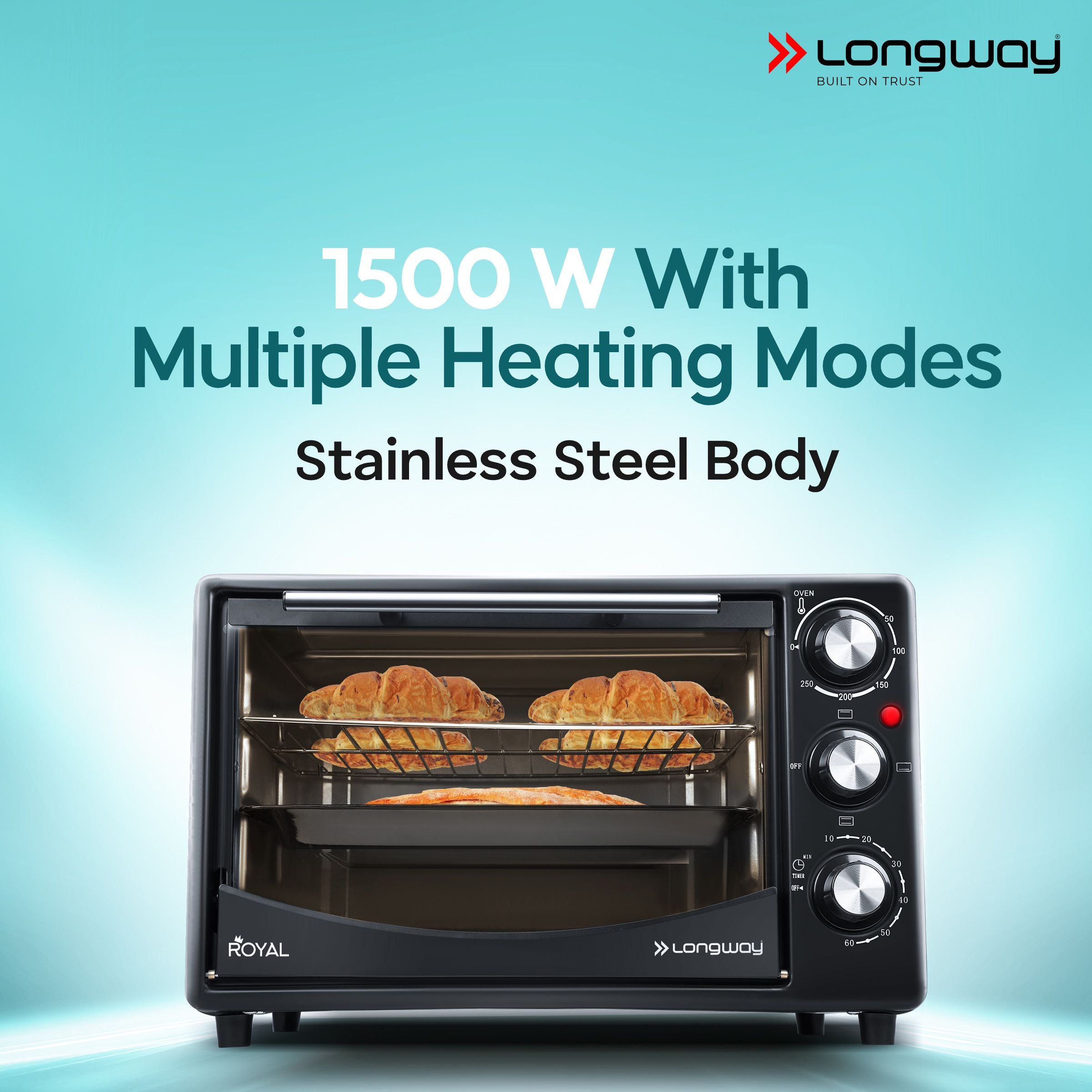 Longway Royal OTG 25 Ltr Oven Toaster Griller with Heating Modes | Temperature Timer Control for Baking Pizza, Cake, Grilling Chicken & Toasting Bread| (1500 W, Black)