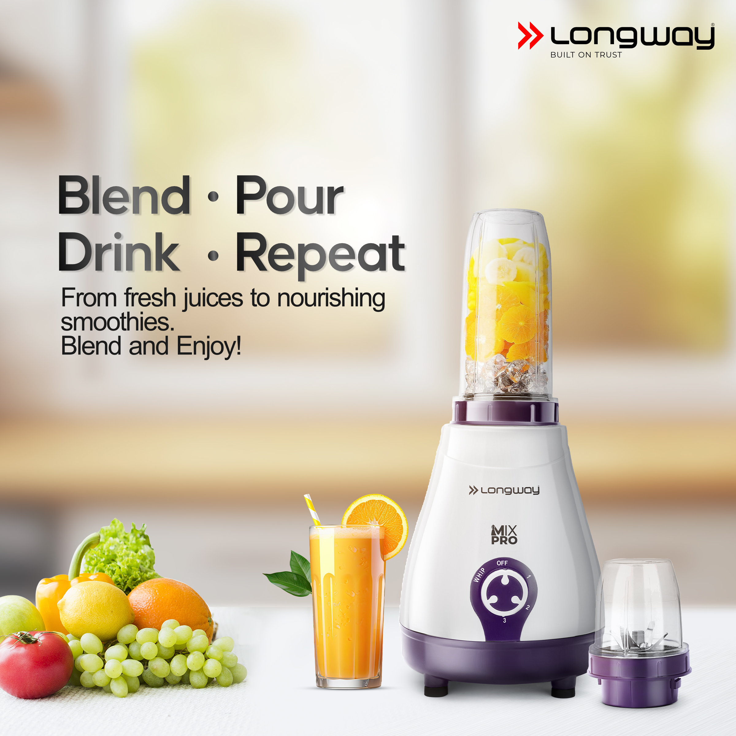 Longway Mix Pro 550 Watt Mixer Grinder with 4 Jars for Grinding, Mixing, Blending, Juicing with Powerful Motor | 2 Year Warranty | (Purple, 4 Jars)