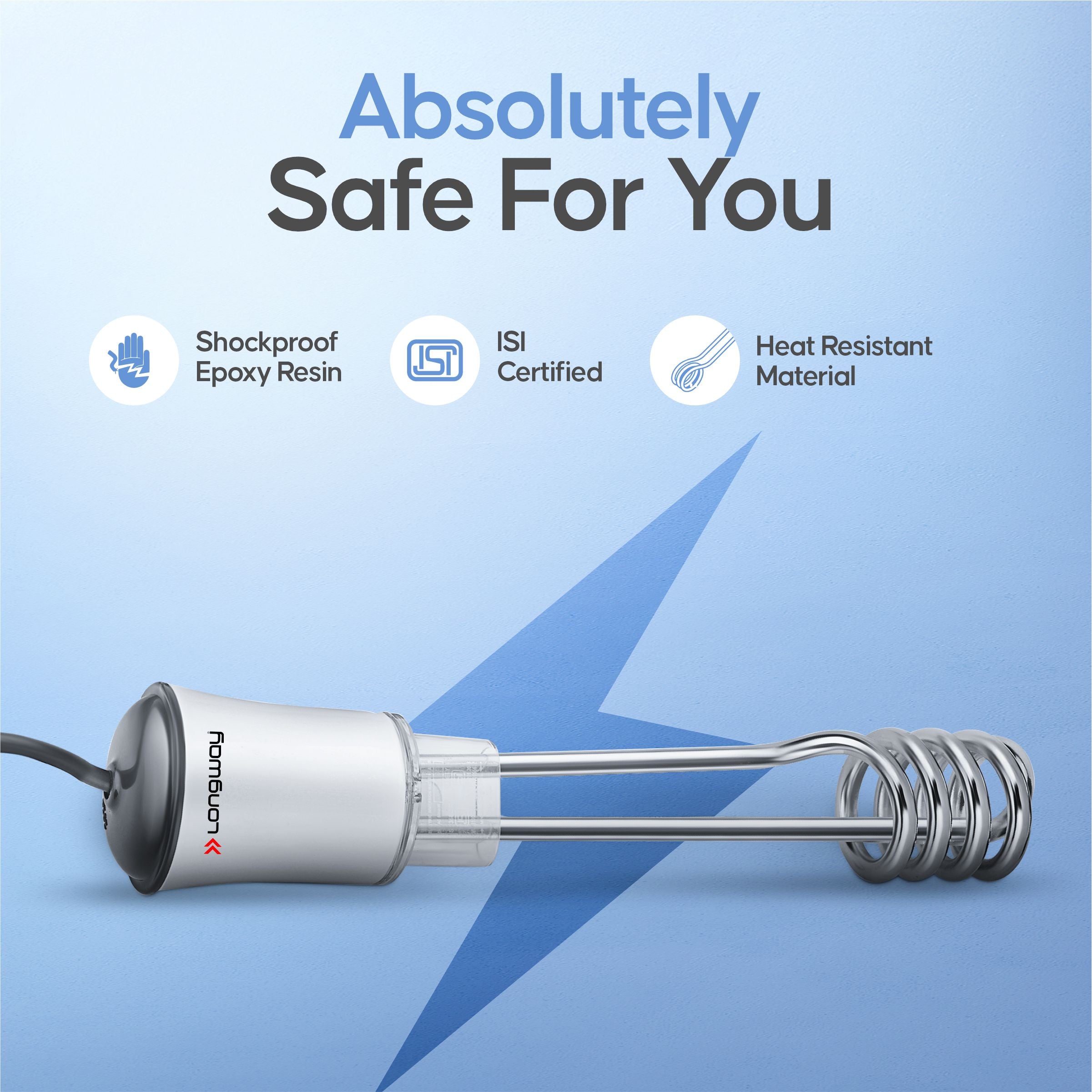 Longway LWIR01 1500 Watt Immersion Rod, Water Heater with Waterproof & Shockproof Protection ISI Certified | 2 Years Warranty (White)