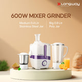 Longway Juicy 600 Watt Juicer Mixer Grinder with 2 Jars for Grinding, Mixing, Juicing with Powerful Motor | 1 Year Warranty (2 Jars, Purple)