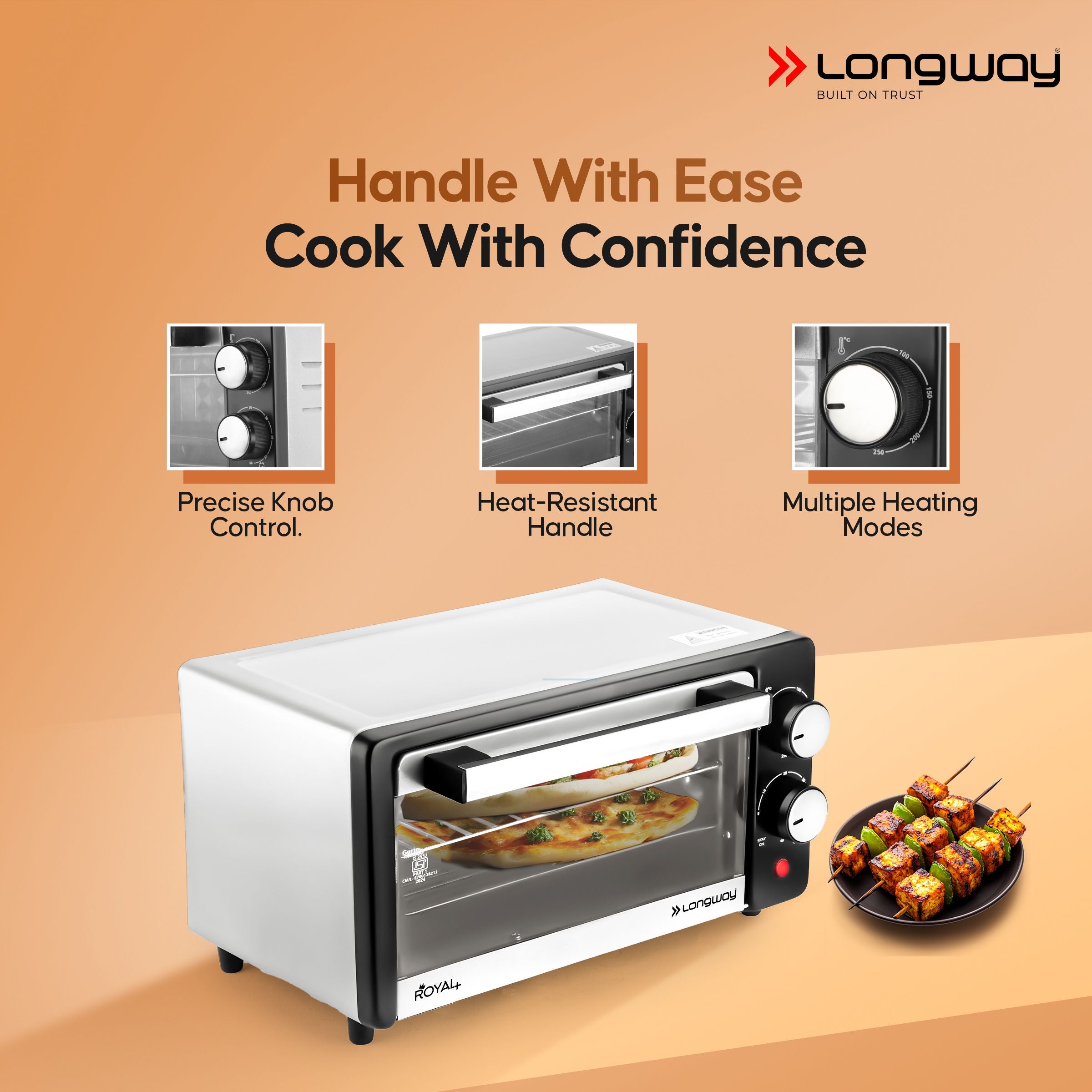 Longway Royal Plus OTG 12 Ltr Oven Toaster Griller with Multiple Heating Modes | Temperature Timer Control for Baking Pizza, Cake, Grilling Chicken & Toasting Bread|1 Year Warranty (800W, Silver)