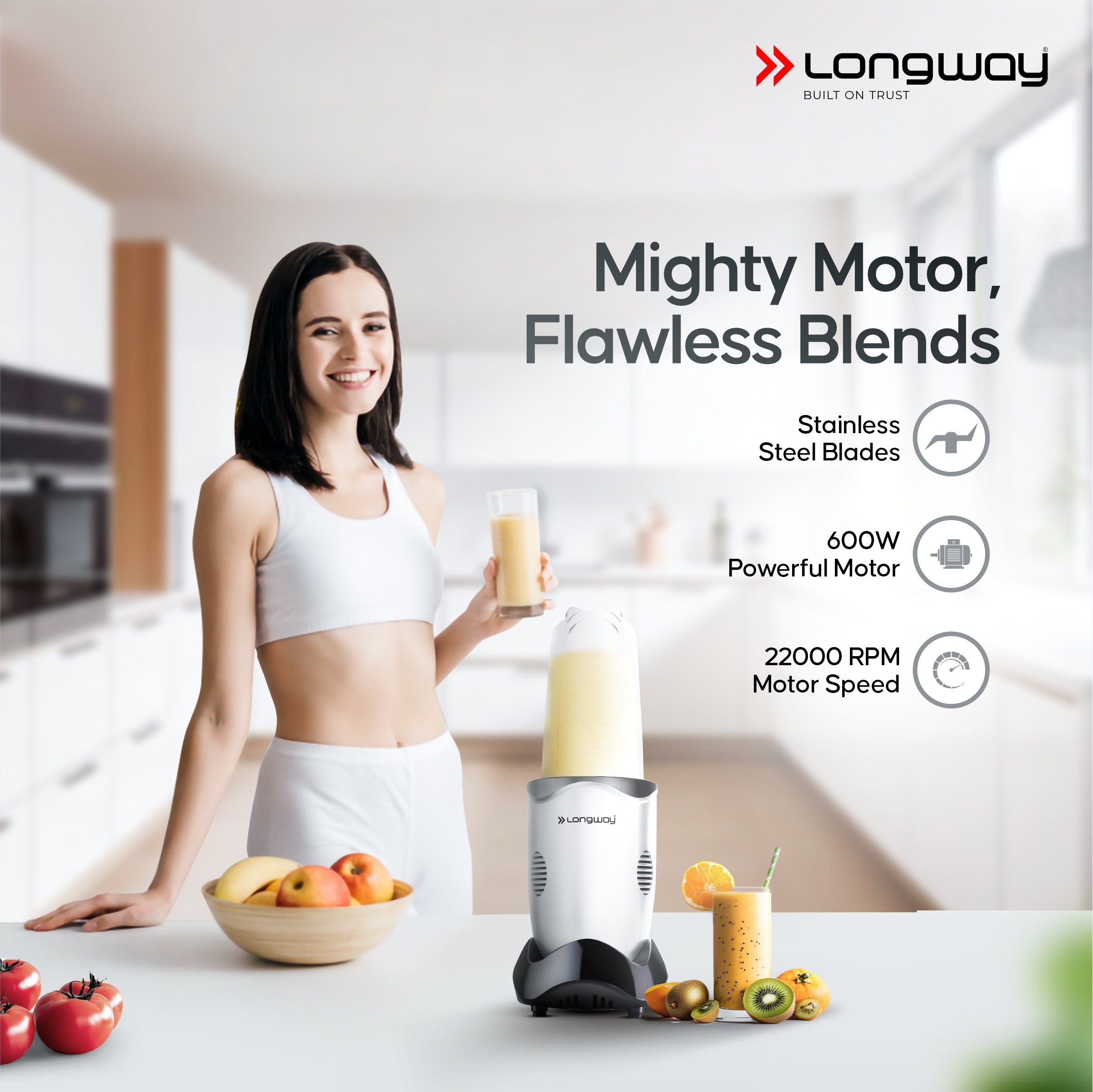 Longway Nutri Power 600 W Bullet Mixer Grinder & Smoothie Maker with Stainless Steel Blades & ABS Plastic Body | 22000 RPM | 3 Years Warranty (2 Jars, Silver)
