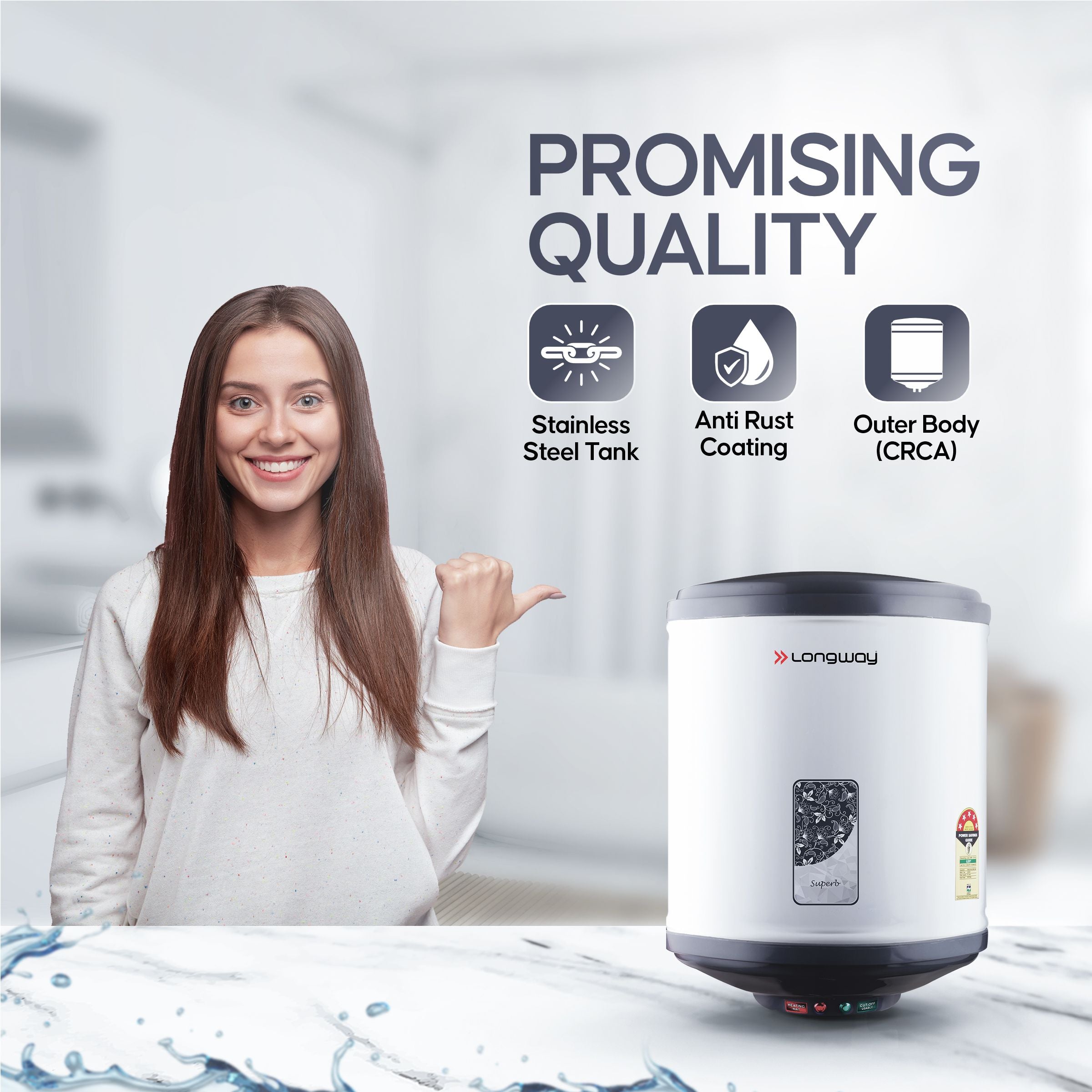 Longway Superb 10 Ltr 5 Star Rated Automatic Instant Water Heater for Home, Water Geyser, Water Heater, Electric Geyser with Multiple Safety System & Anti-Rust Coating | 1-Year Warranty | (Gray, 10 Ltr)