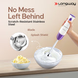 Longway Stella Hand Blender with Chopper | Stainless Steel Blades | Detachable Anti Splash Stainless Steel Foot | Perfect for Smooth Blends (300 W, Purple)