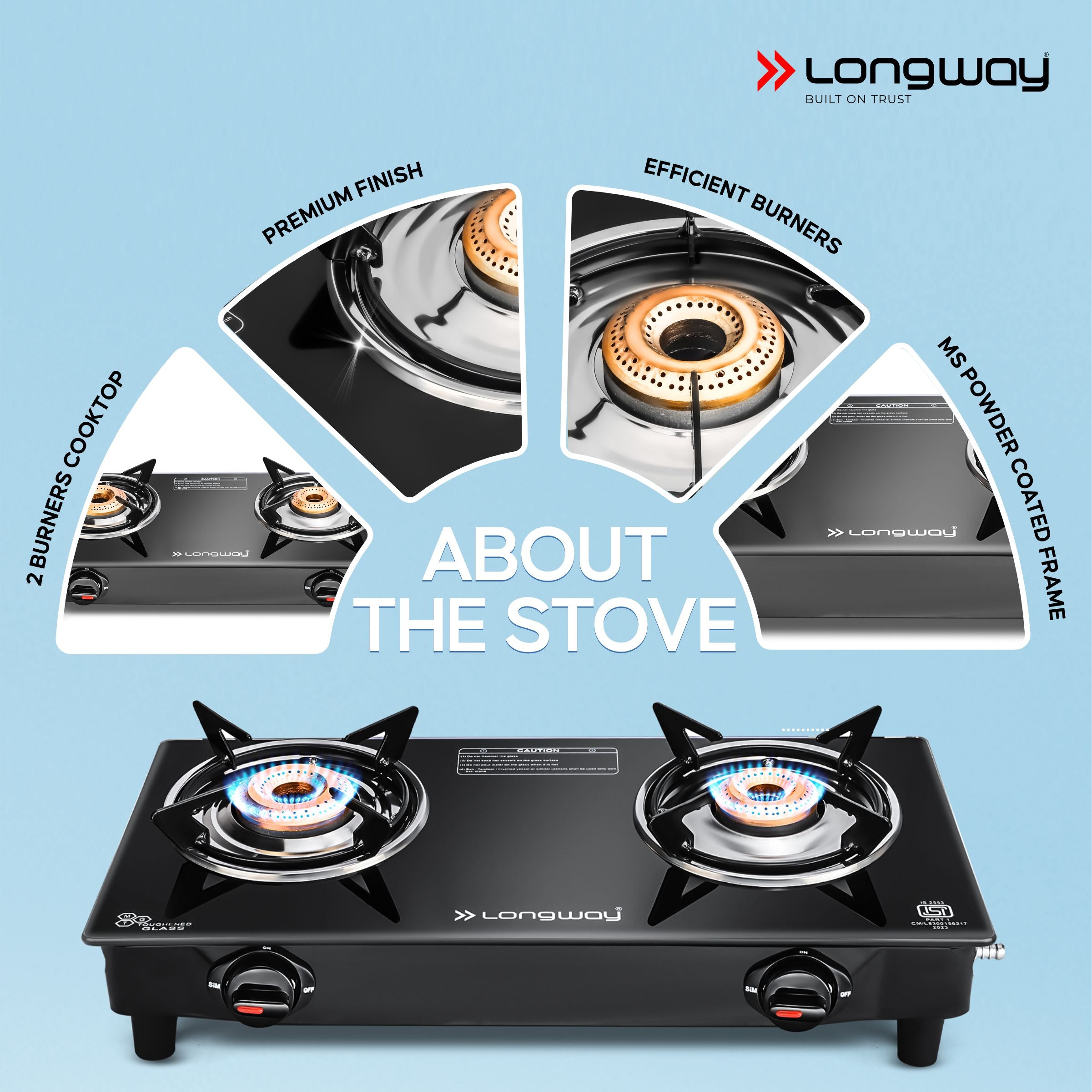 Longway Furn Glass Top, 2 Burner Manual Ignition Glass Gas Stove (Black, ISI Certified, 1 Year Warranty)