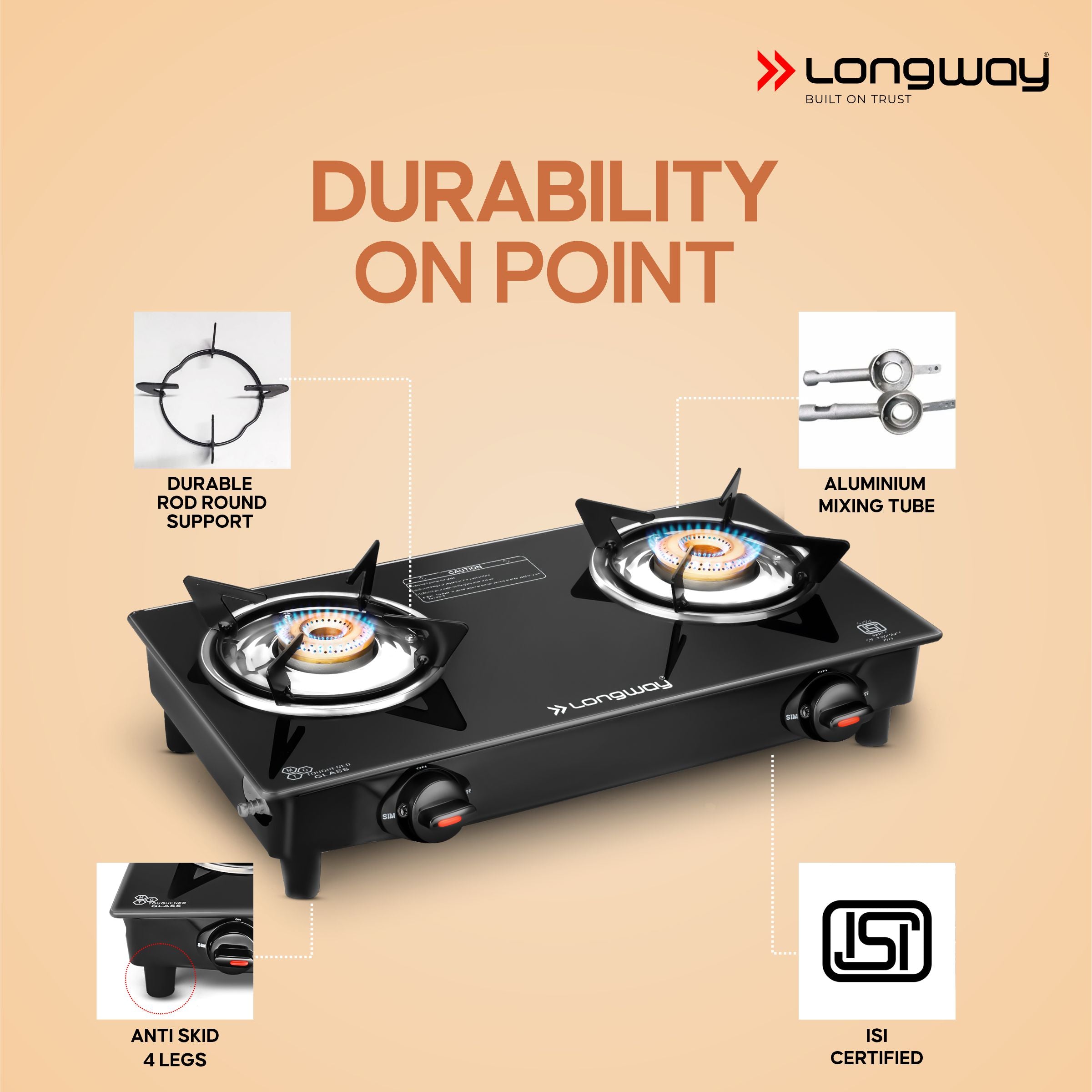 Longway Furn Glass Top, 2 Burner Manual Ignition Glass Gas Stove (Black, ISI Certified, 1 Year Warranty)