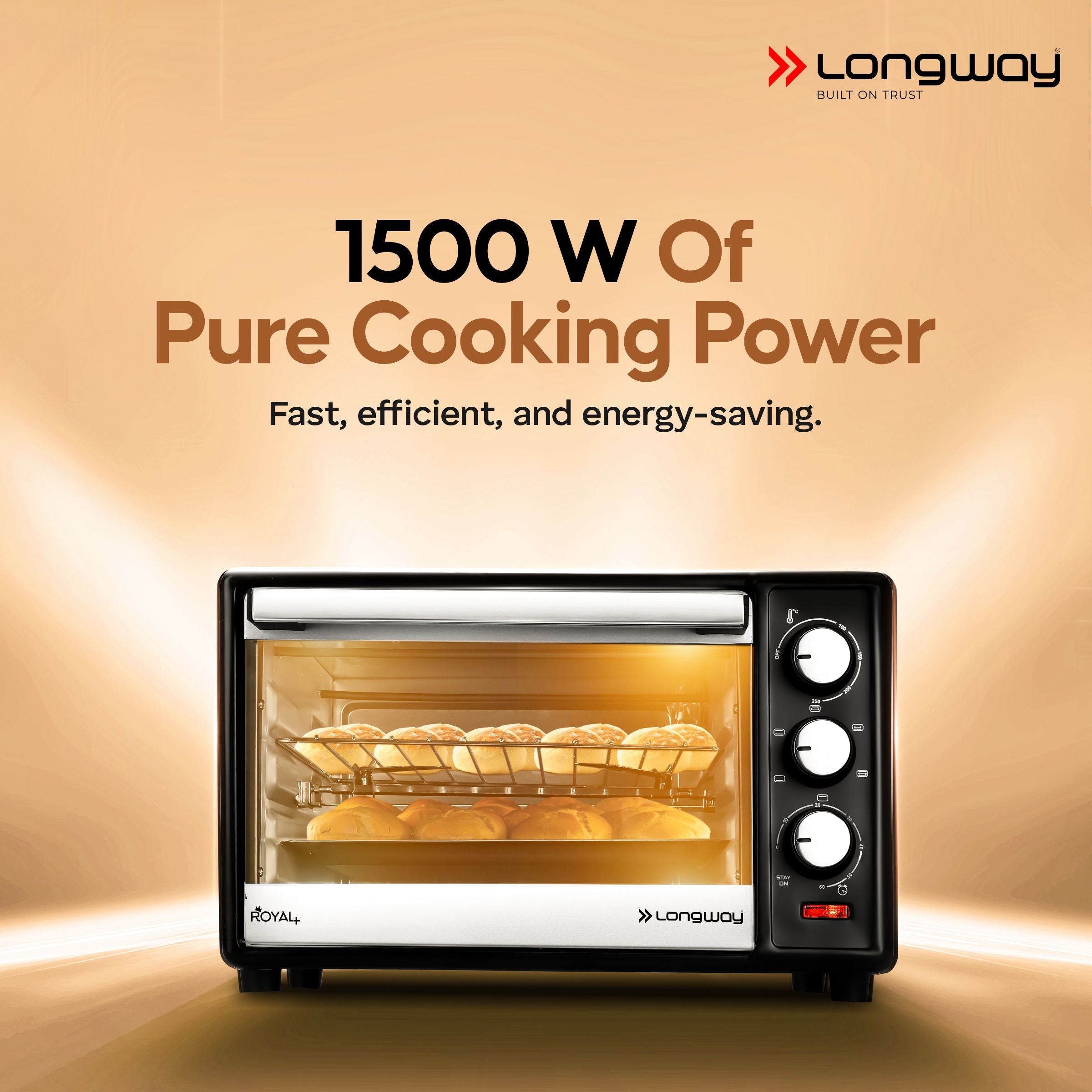 Longway Royal Plus OTG 28 Ltr Oven Toaster Griller with Illuminated chamber, Motorized rotisserie Multiple Heating Modes | Temperature Timer Control for Baking Pizza, Cake, Grilling Chicken & Toasting Bread (1500W, Silver)